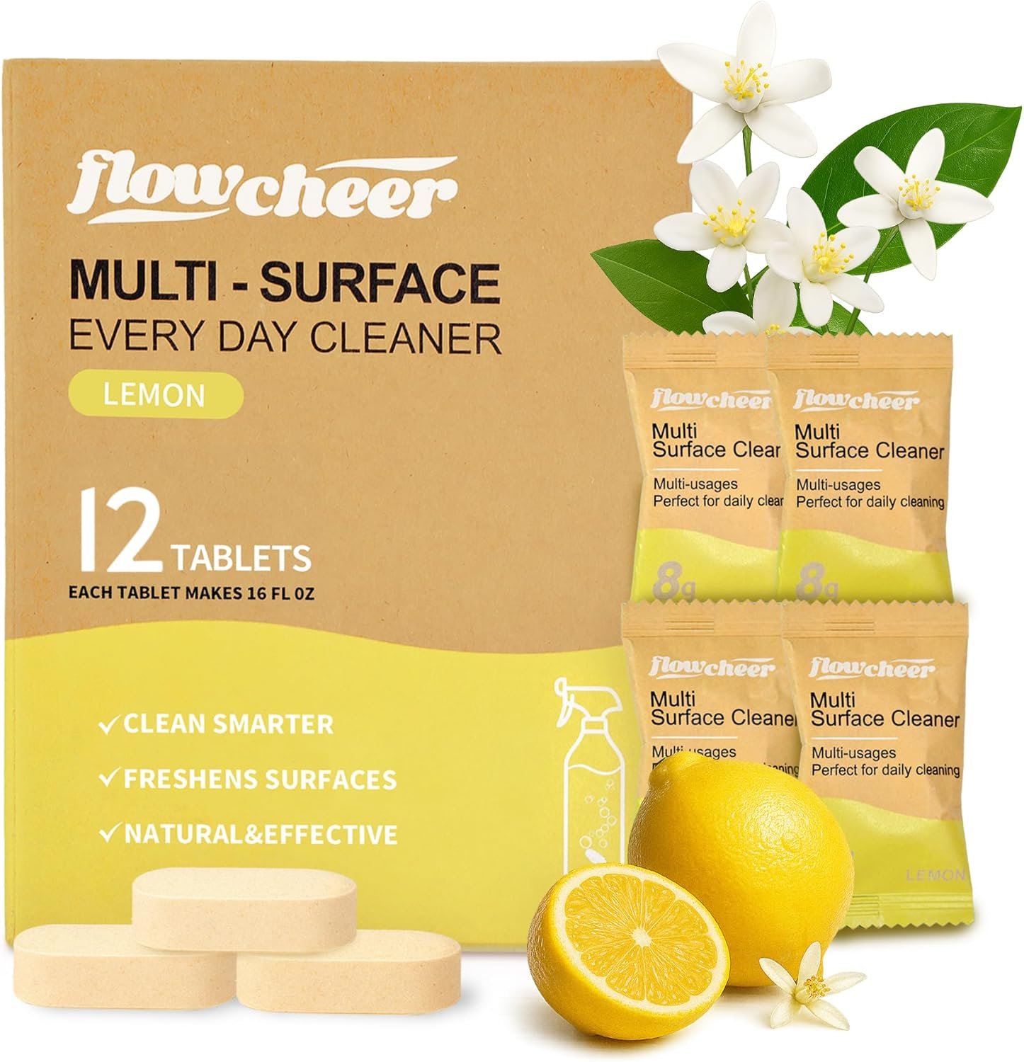 flowcheer Multi Surface Cleaner Refills -12 Pack All Purpose Cleaning Refill Tablet-Makes 192 fl oz Bottles of Spray Cleaner for Household&Kitchen Cleaning (Lemon)