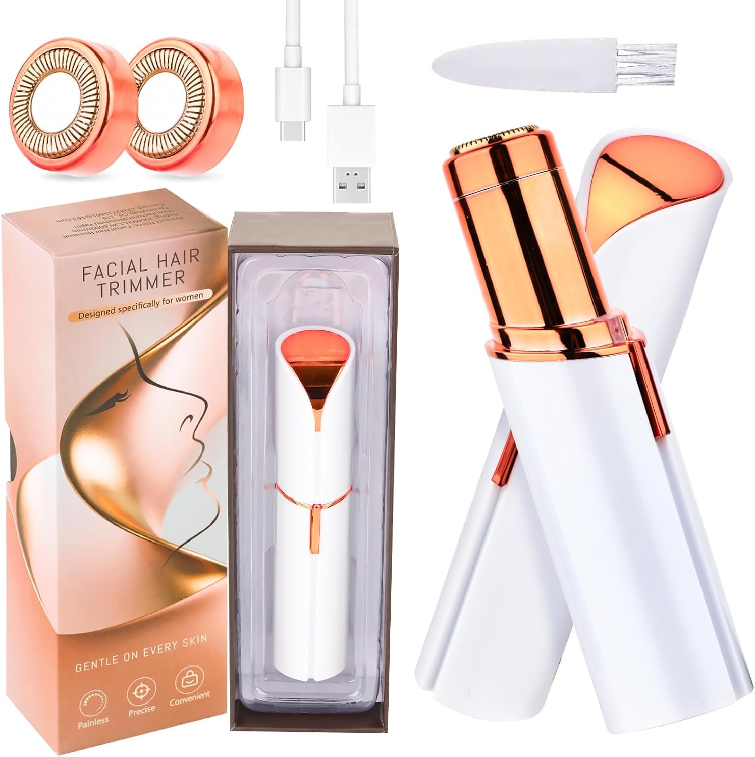 Facial Hair Remover for Women & Men, Rechargeable Face Razor with LED Light, 2 Replacement Heads Included, Travel Electric Shaver for Lip, Chin, Arms, Upper Lip & Peach Fuzz (White)