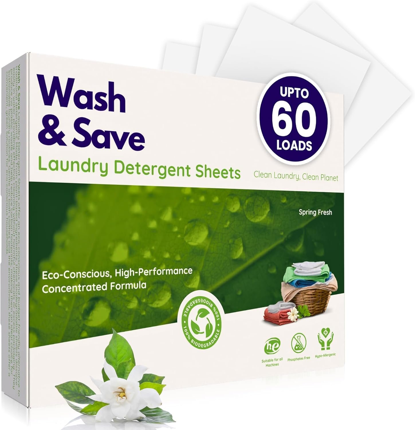 WASH & SAVE Laundry Detergent Sheets – 60 Loads / 30 Sheets | Plant-Based, Eco-Friendly, Hypoallergenic Liquidless Detergent | Perfect for Travel & Dorm – Spring Fresh