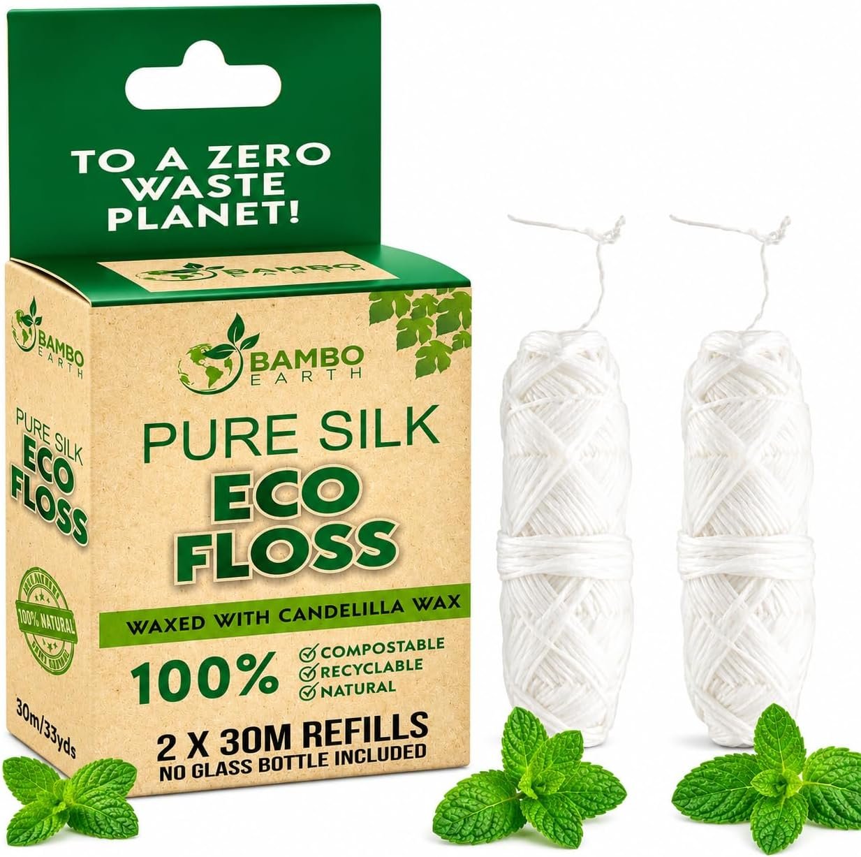 Biodegradable Mint Dental Tooth Lace Floss – 2X Refillable Flossers – 100% Organic Natural and Compostable Teeth Silk Spool – Waxed with Candelilla Wax & Eco-Friendly Zero Waste Packaging
