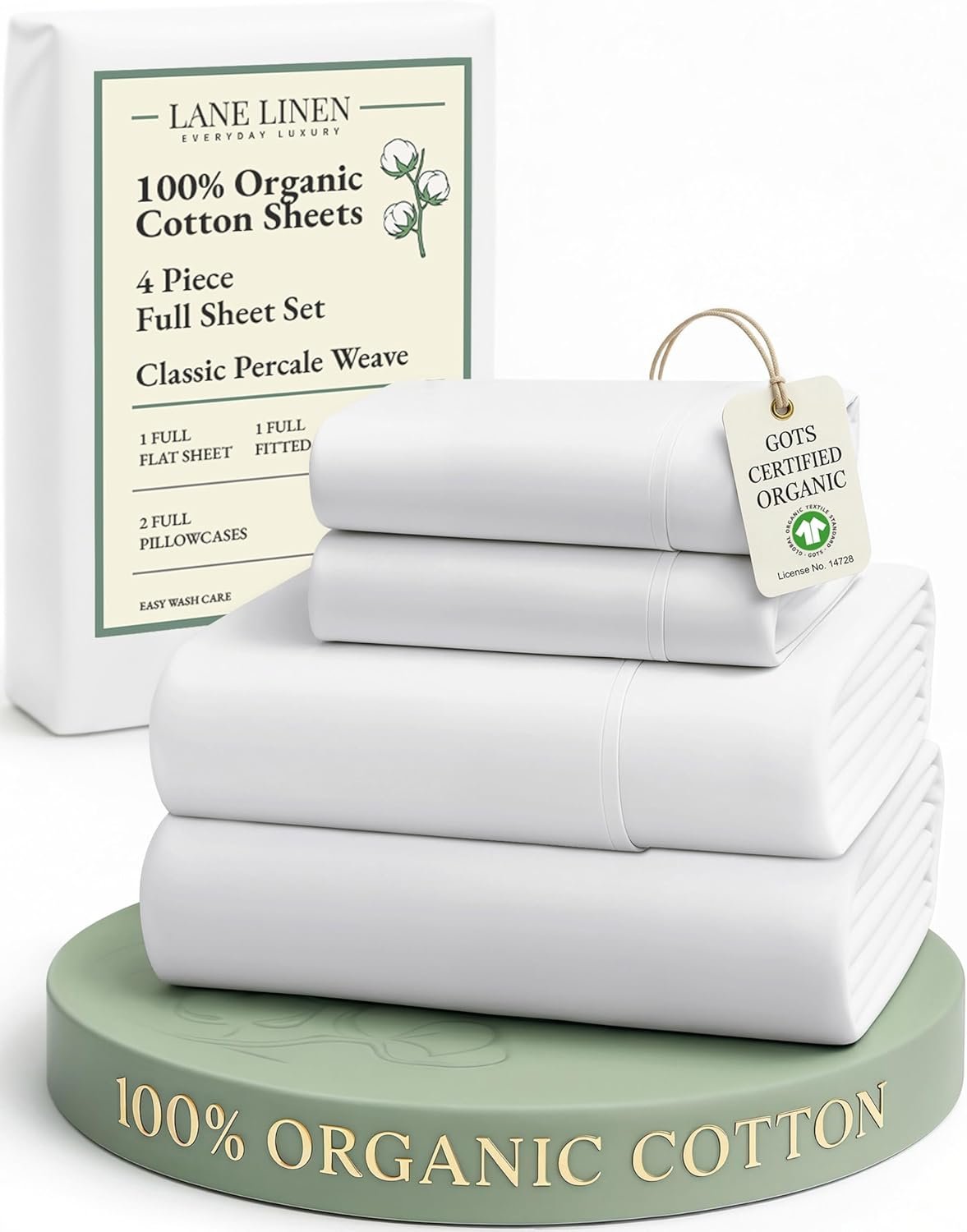 LANE LINEN 100% Organic Mercerized Cotton Pre Washed Full Size Bed Sheets, Soft & Comfy Low Pill Fade Resistance Fully Elasticized Oeko Tex Certified 15″ Deep Pocket Full Sheet Set – White
