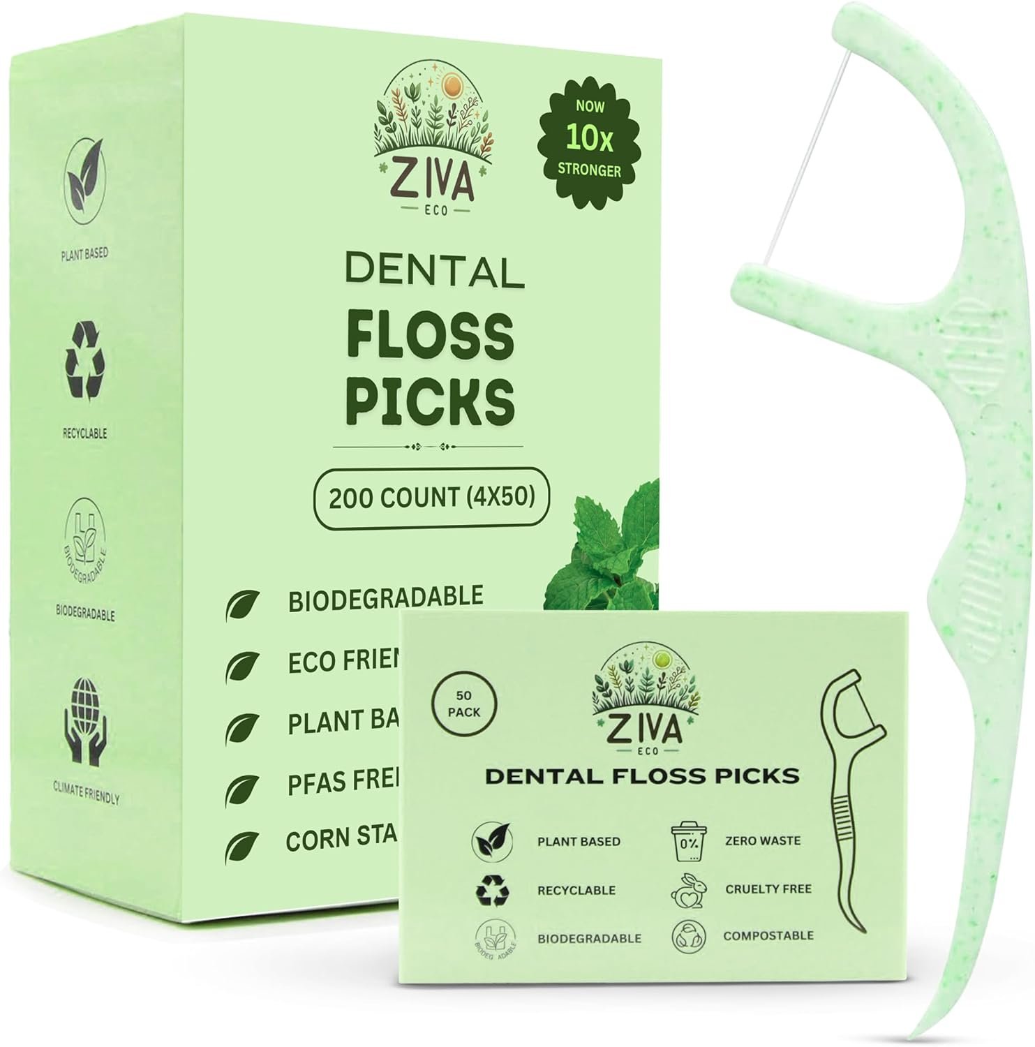 Dental Floss Picks – Biodegradable Mint, PFAS-Free & Plastic-Free | Shred-Resistant Thread | Unbreakable Corn-Starch Handle for Tight Teeth | 200 Count (4 Packs)