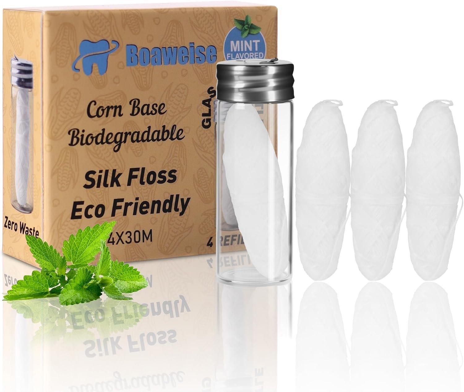 Corn Biodegradable Dental Floss with Refillable Glass Container|30M x4 Free Refill|Fresh Mint Flavor|Natural Vegan Silk|Eco Friendly Zero Waste Oral Care