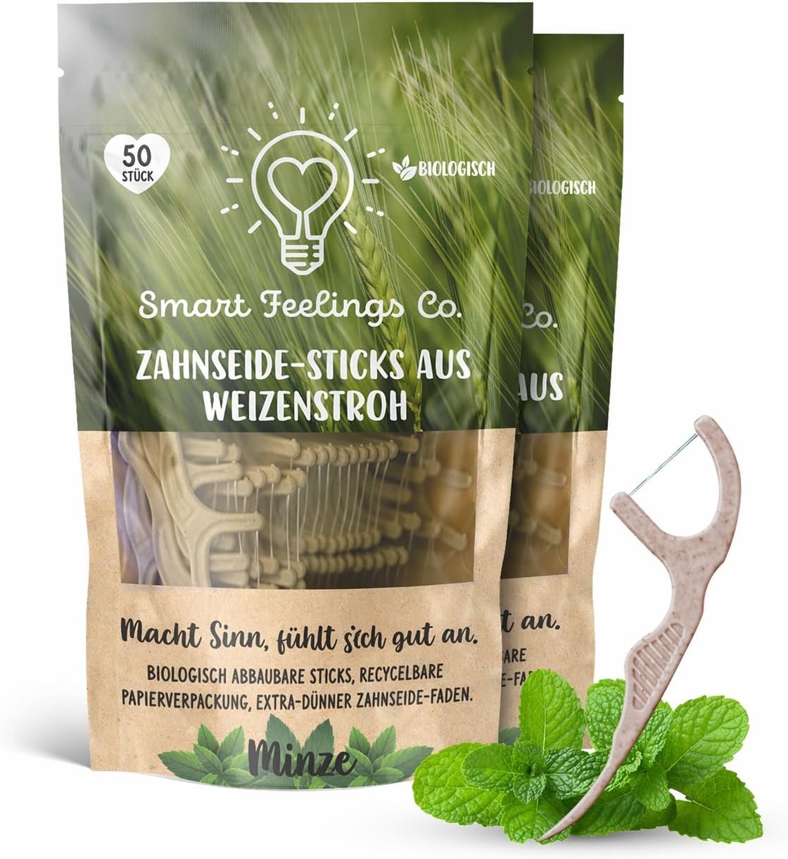 Biodegradable Dental Floss Picks 100 Count 2 Packs | Eco-Friendly Bamboo Like Straw Wheat Sustainable Mint Flavored Flossers for Kids and Adult Teeth Cleaning for the Enviromentally Conscious