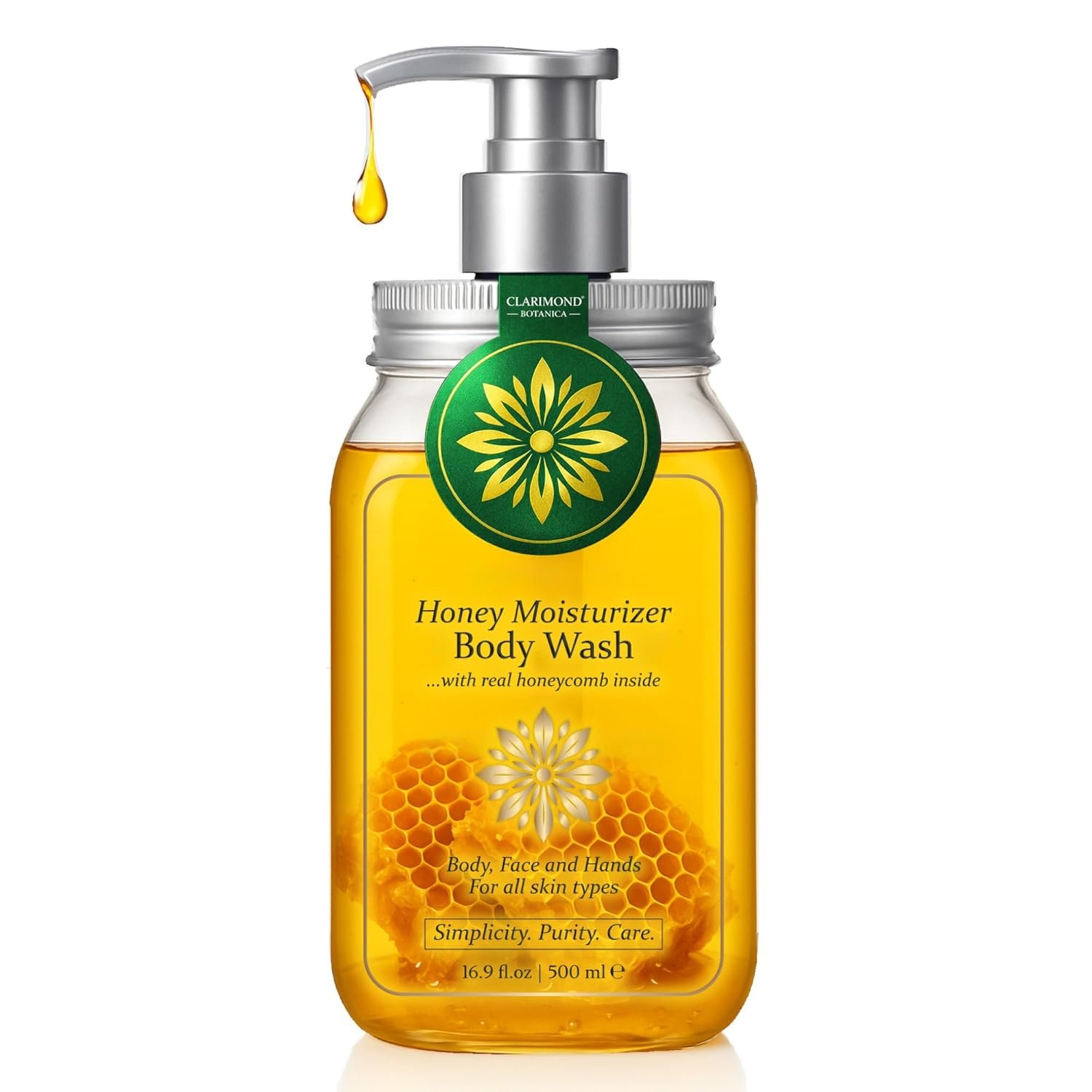 Organic Honey Body Wash – Honey Shower Gel w/Royal Jelly, Propolis & Real Honeycomb – Body Wash for Dry & Sensitive Skin – 16.9 fl oz / 500 ml Pump Bottle, Paraben & Sulfate Free
