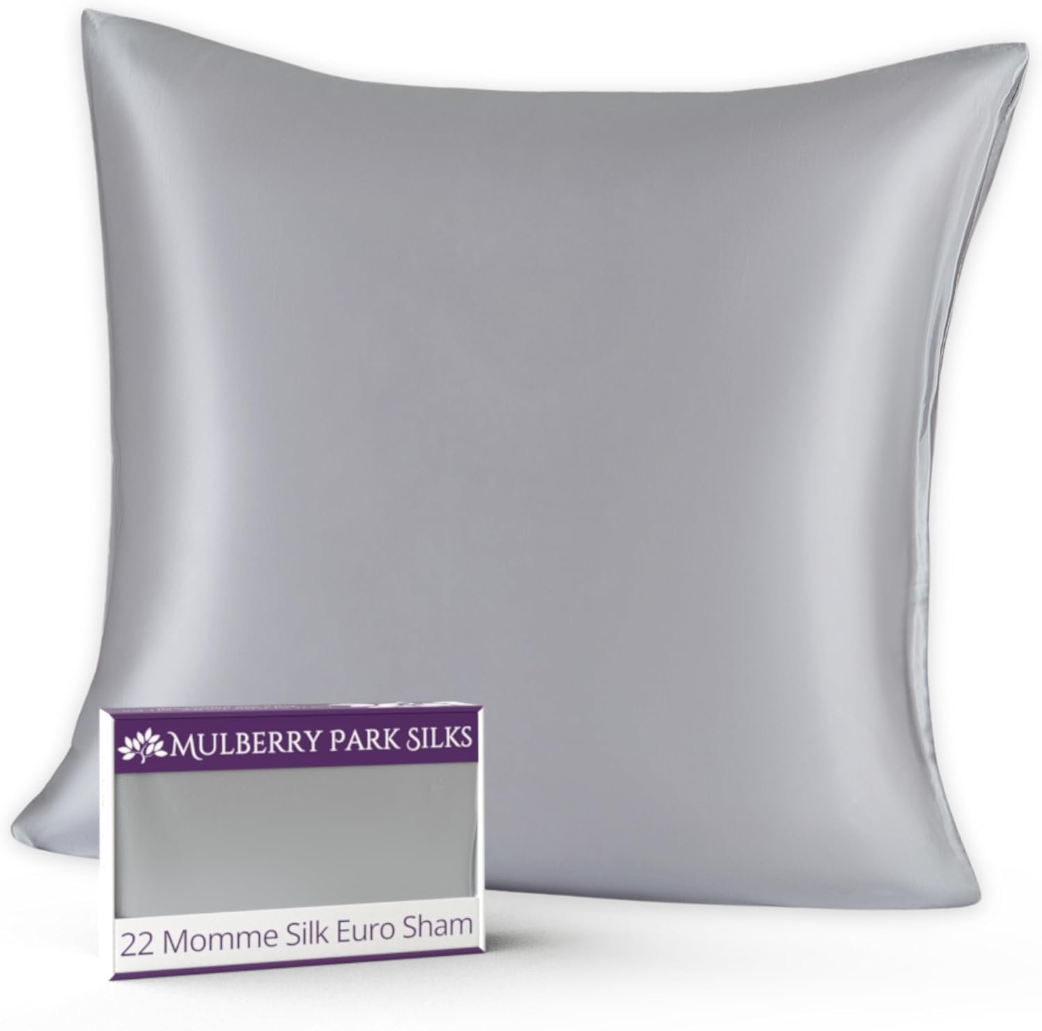 Mulberry Park 100% Silk Pillowcase – 22 Momme, Grade 6A Mulberry Silk – Hidden Zipper Closure with Knife-Edge – Silver/Euro Sham (26” x 26”)