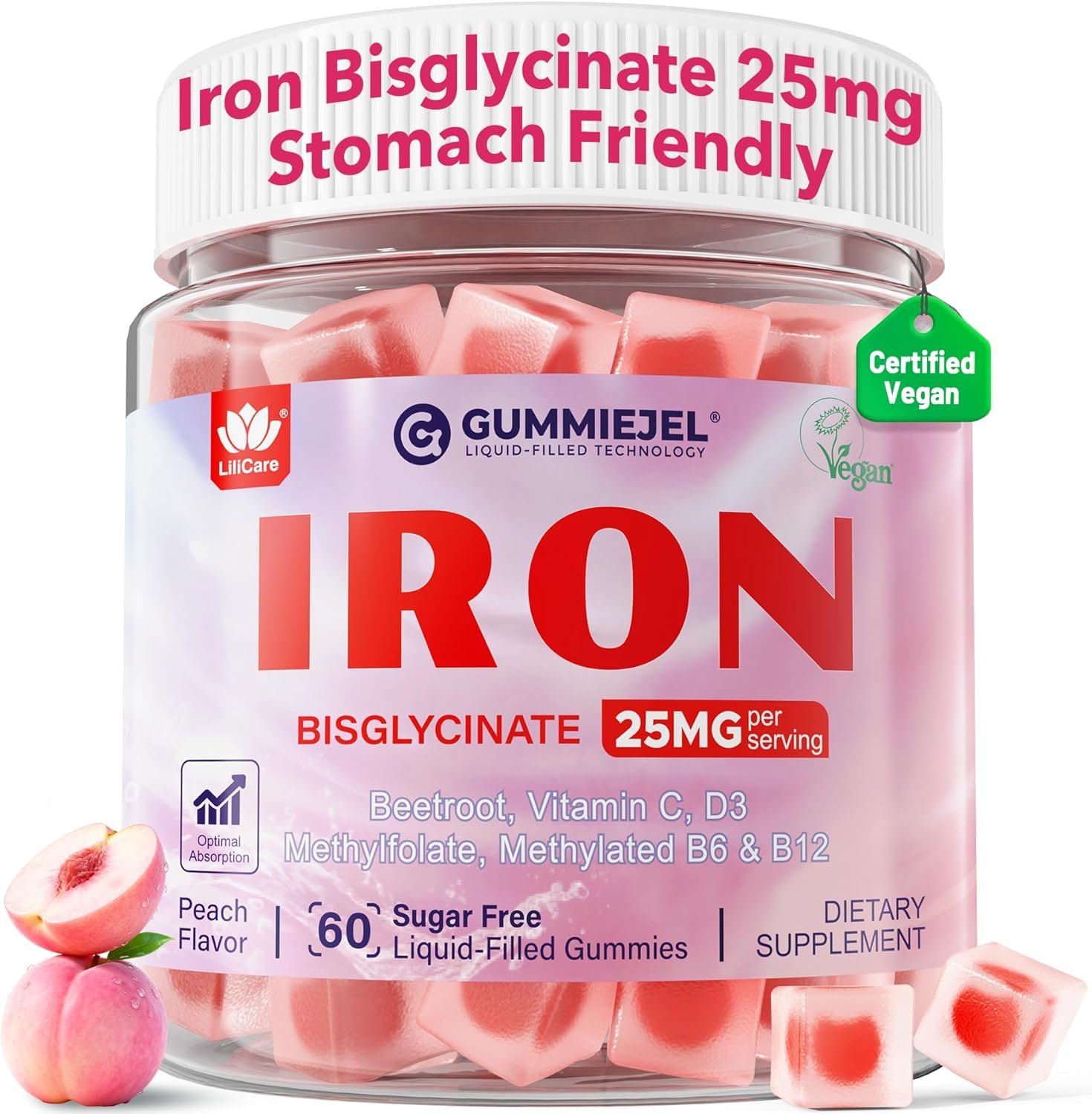 Iron Gummies for Women 25mg Plus Vitamin C, Beet Root, Vitamin B12, Folate for Iron Deficiency, Anemia, Energy Boost, Sugar Free Iron Supplement, Non-Constipating, No After Taste, 60 Cts