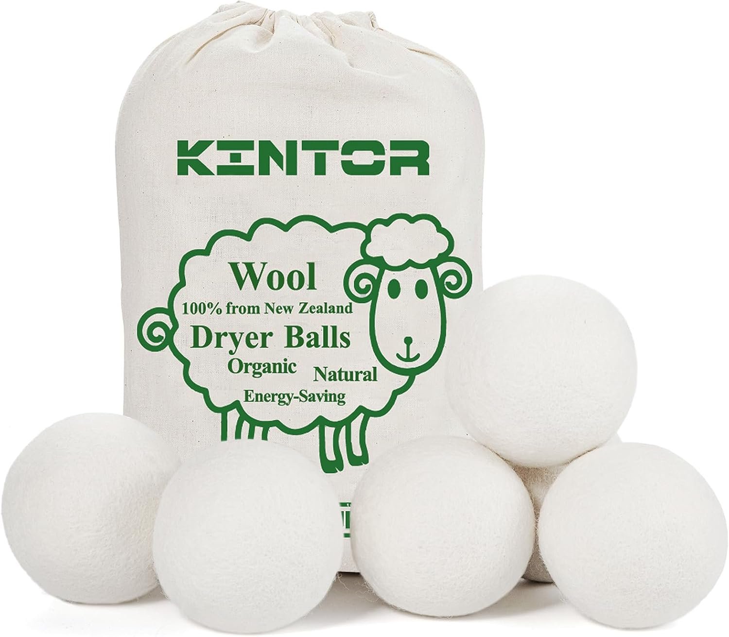 KINTOR XL Wool Dryer Balls 6-Pack, 100% New Zealand Wool, Reusable Fabric Softener, Cut Drying Time, Reduce Wrinkles Lint & Pet Hair, Hypoallergenic Quiet Laundry Balls