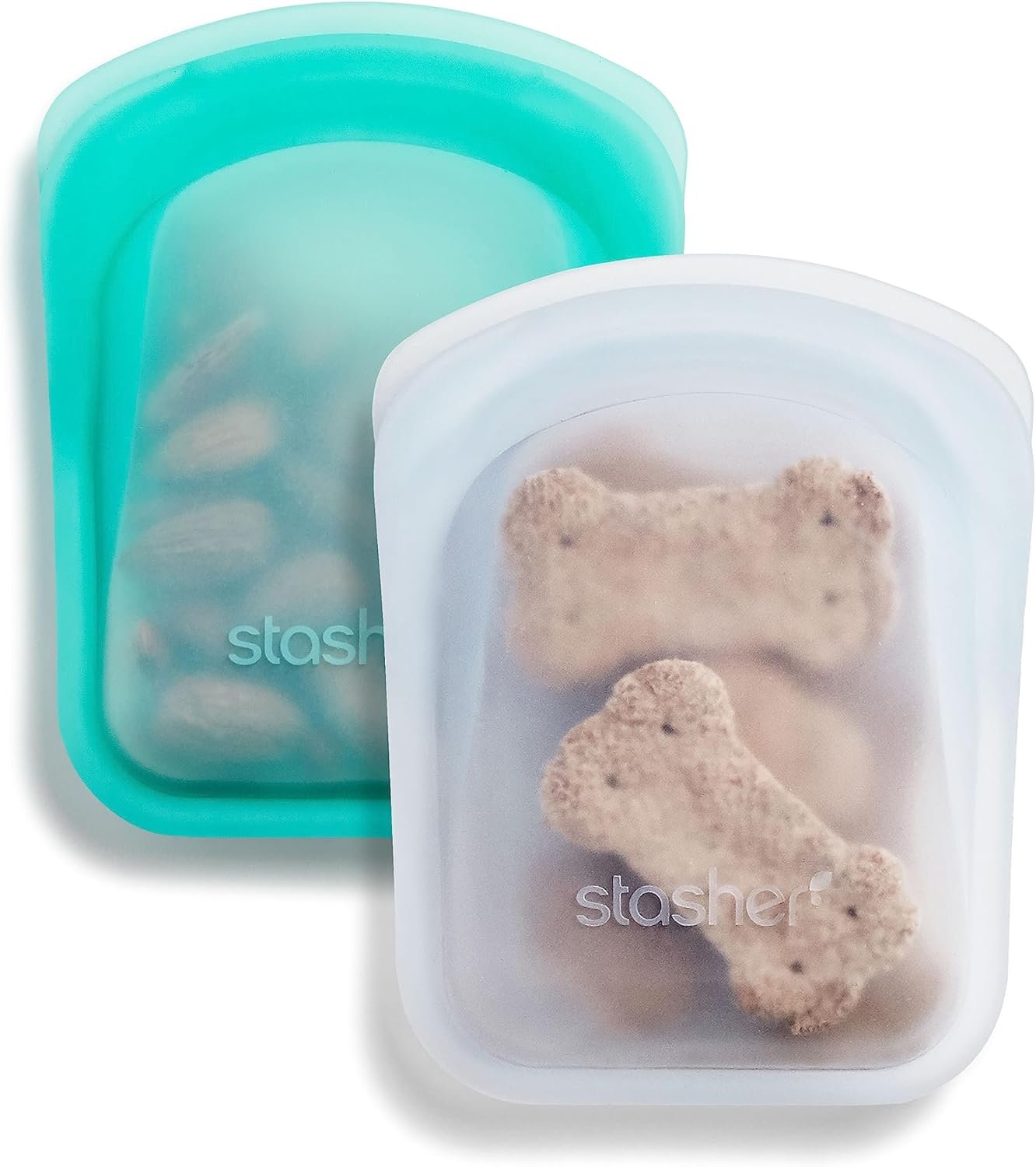 Stasher Silicone Reusable Storage Bag, Pocket Bags 2-Pack, Microwave, Dishwasher, Oven Safe, Sous Vide, Eco Friendly, Leak-free, Food-safe Silicone Snack Bags for Travel, 4 oz, Clear & Aqua