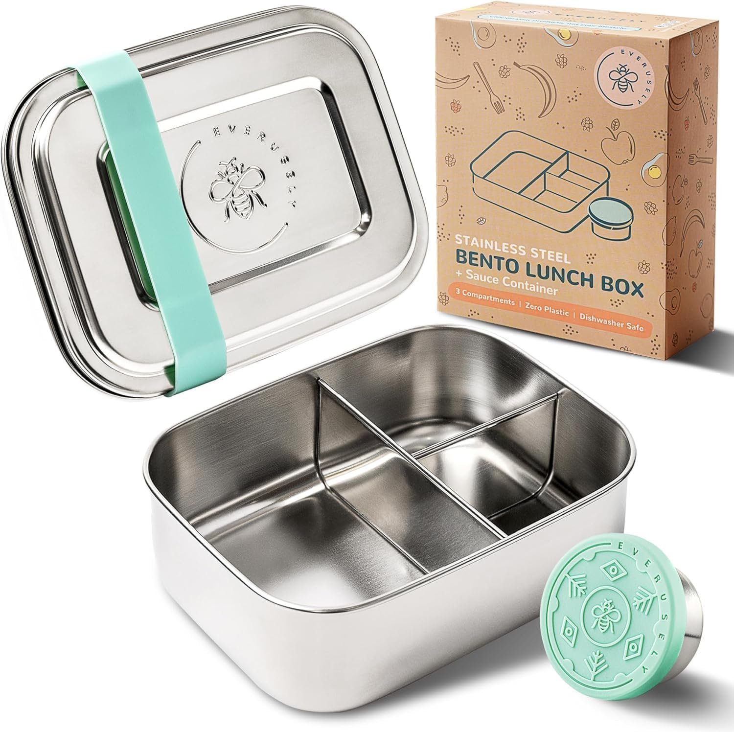 Everusely – Bento Box – Green, 27oz / 0.8 L – Stainless Steel Lunch Box with Leakproof Condiment Container – 3 Compartment Snack Organizer for On the Go Meals – Freezer & Dishwasher Safe