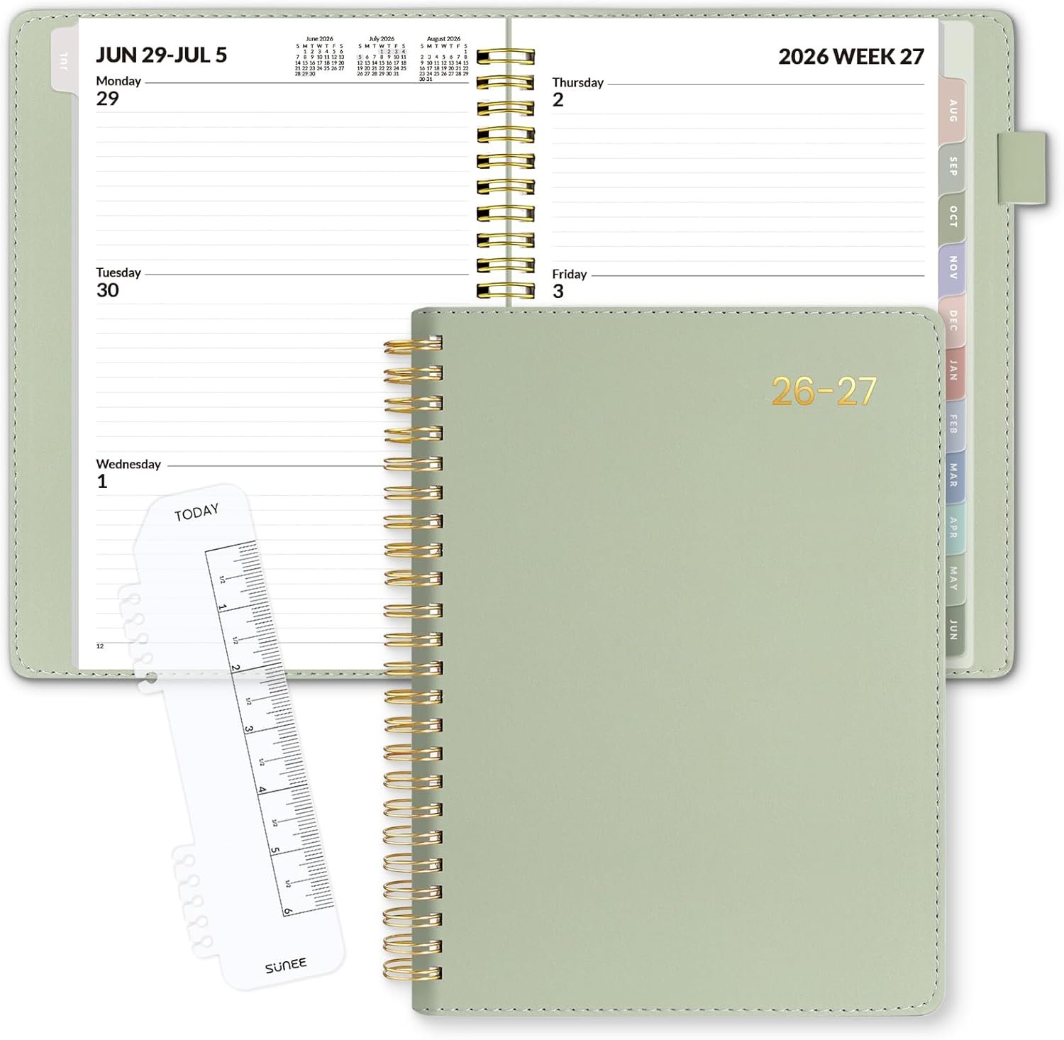 SUNEE 2026-2027 Weekly & Monthly Planner 6.4″x8.5″ – 12 Month (July 2026 – June 2027), Vegan Leather Cover Planner Academic Year Calendar, Pocket, Notes, Monthly Tab, Green