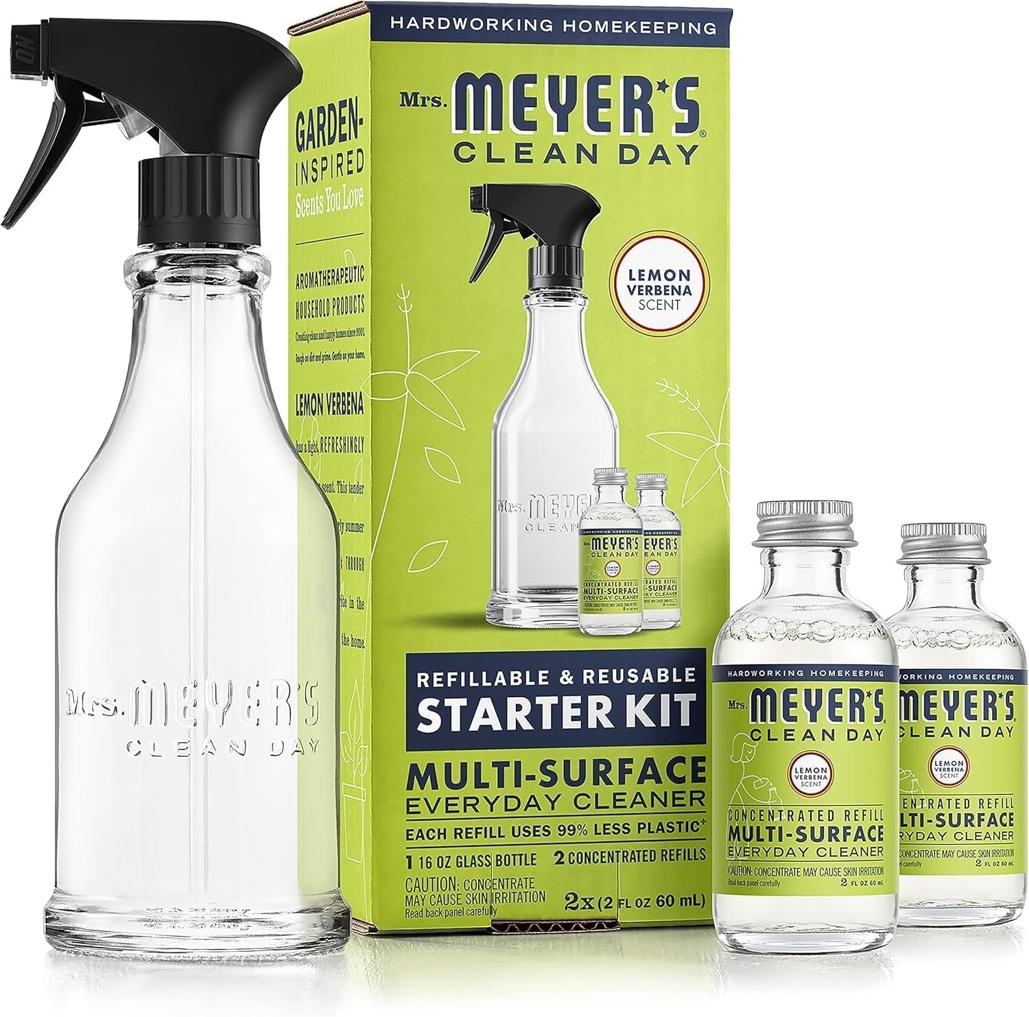 MRS. MEYER’S CLEAN DAY Multi-Surface Cleaner Dispenser and Concentrate Starter Kit, 1 Glass Dispenser (16 Fl. Oz.) and 2 Concentrated Refills (2 Fl. Oz. each), Lemon Verbena, Makes 32 Fl. Oz. Total