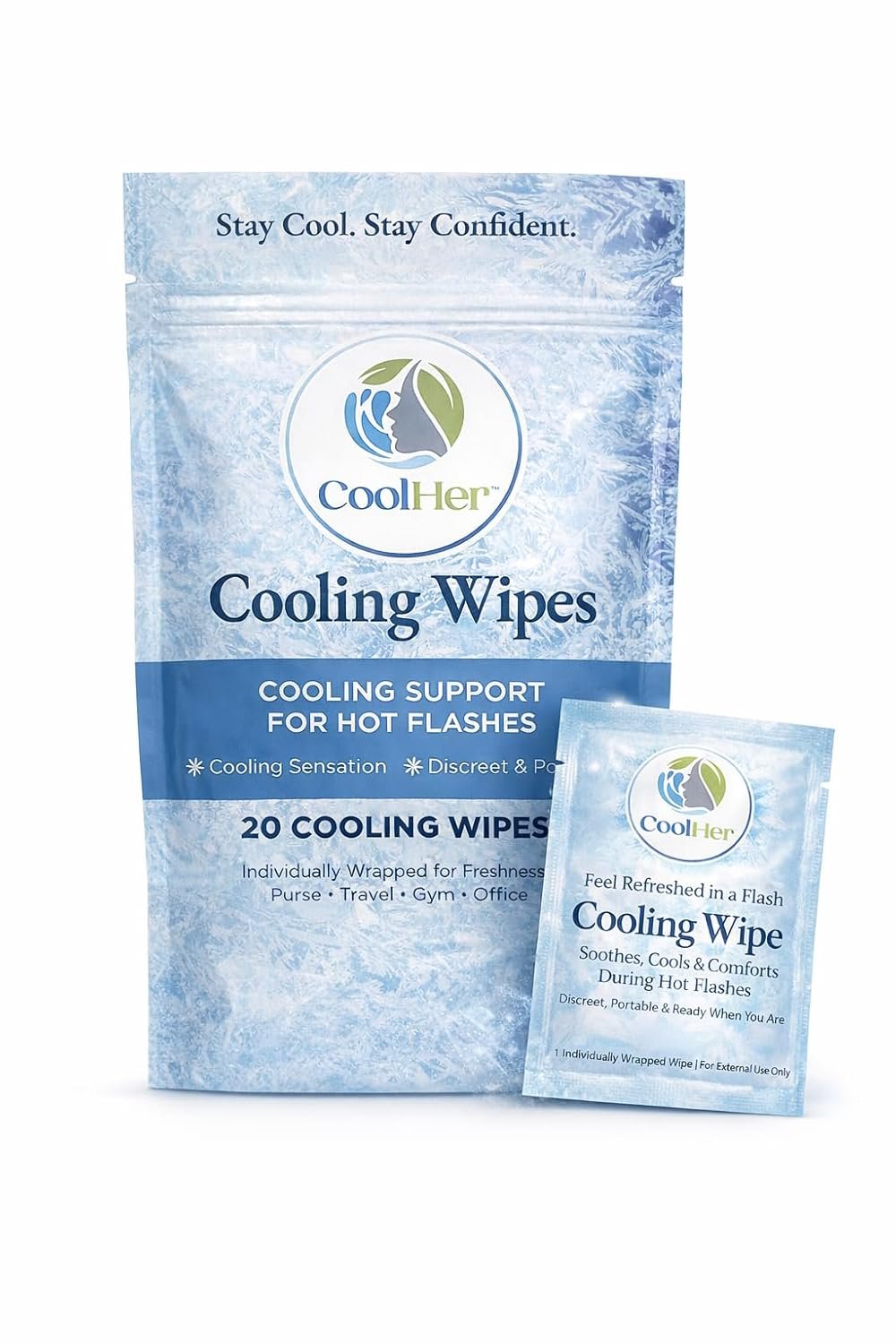 Cooling Wipes for Hot Flashes – Gentle Cooling, Not Overpowering – Menopause Support Wipes for Women – Individually Wrapped, On-the-Go – 20 Count