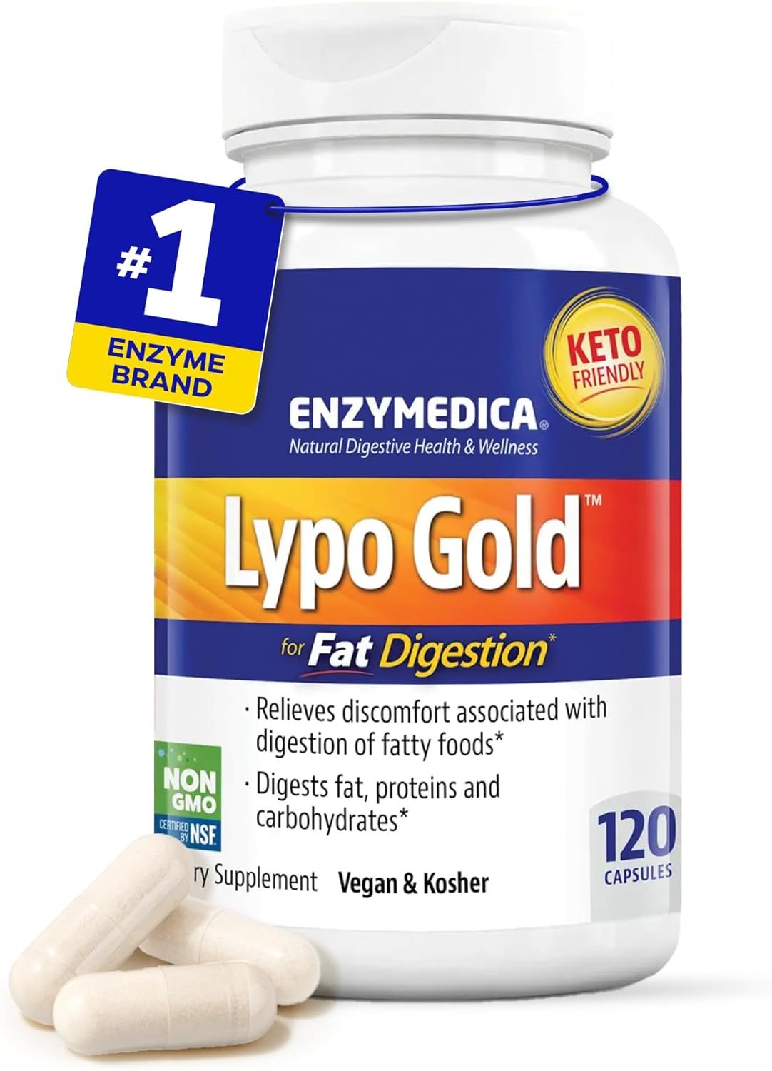 Enzymedica Lypo Gold – Protease, Amylase & Lipase Digestive Enzymes for Women & Men, Enzyme Supplement for Fat Digestion, Gut Health & Gallbladder Support, Helps Gas & Bloating, Gluten Free – 120 Caps
