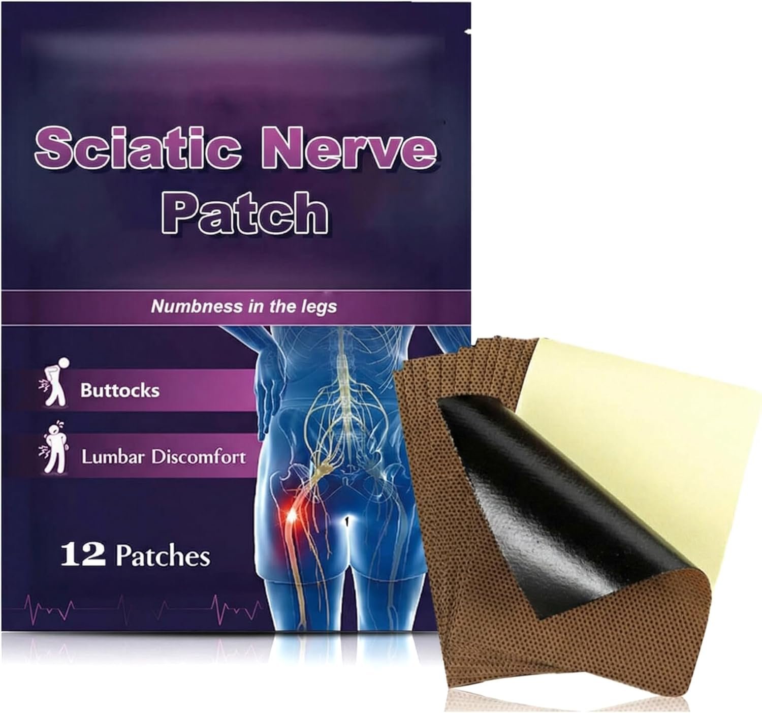 Sciatica Patches, 12 Pcs Gentle Ingredients Adhesive Comfort Patches for Men Women, Lower Back, Hip