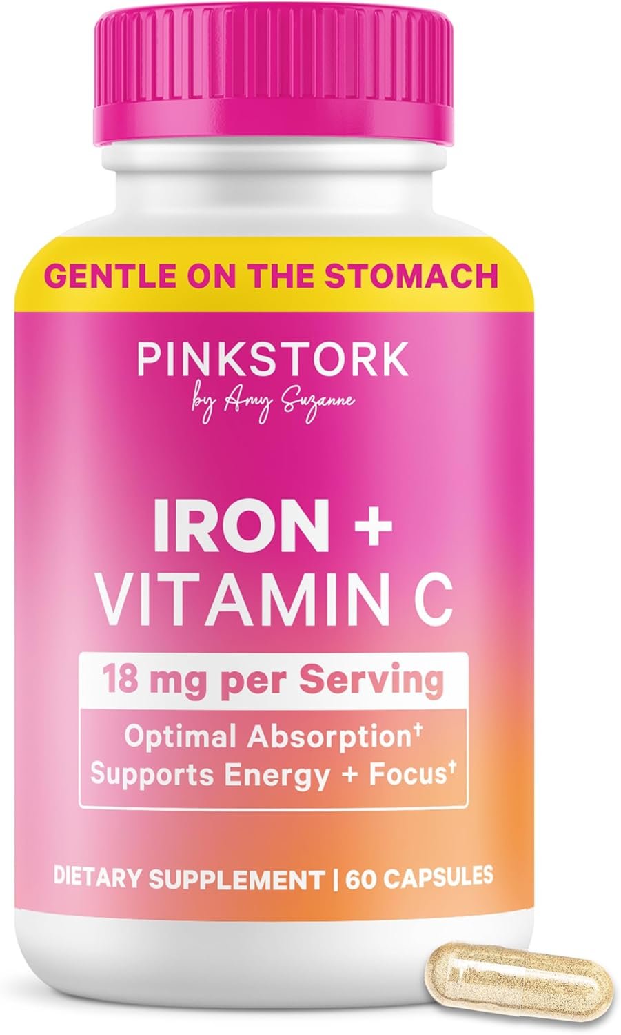 Pink Stork Iron for Women with Vitamin C | 18 mg Non-Constipating Iron Bisglycinate | Energy, Focus & Oxygen Support | PMS, Pregnancy, Postpartum & Perimenopause | 60 Capsules
