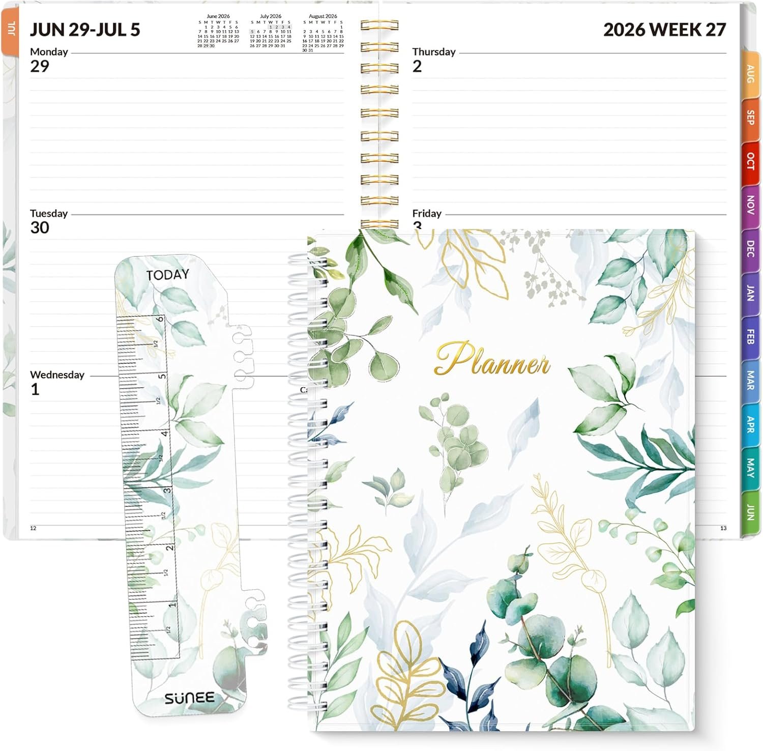 SUNEE Academic Planner 2026-2027 – Weekly & Monthly Planner, July 2026 to June 2027, 6.4″x8.3″, Thick Paper, Tabs, Pockets, Bookmark, Spiral-Bound, Student Teacher Organizer, Greenery