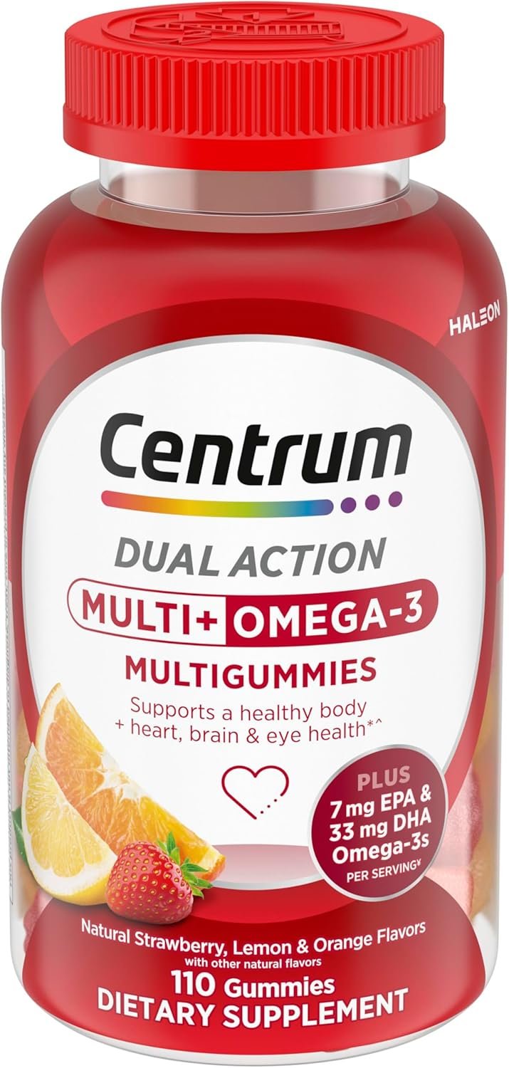 Centrum MultiGummies Multi+ Omega 3 Dual Action, Adult Multivitamin, Multivitamin/Multimineral/Omega 3 Supplement, Strawberry/Lemon/Orange Flavors – 110 Count
