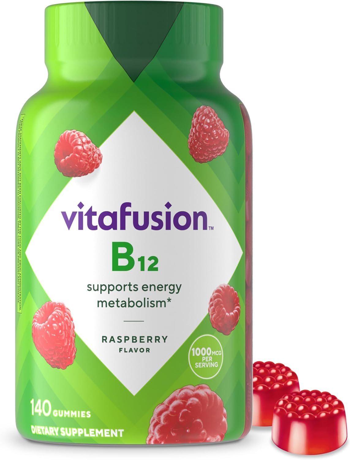 Vitafusion Vitamin B12 Gummies | 1000 mcg | 140 Adult Gummy Vitamins | For Women & Men | Raspberry Flavor | Gluten and Dairy Free Supplement