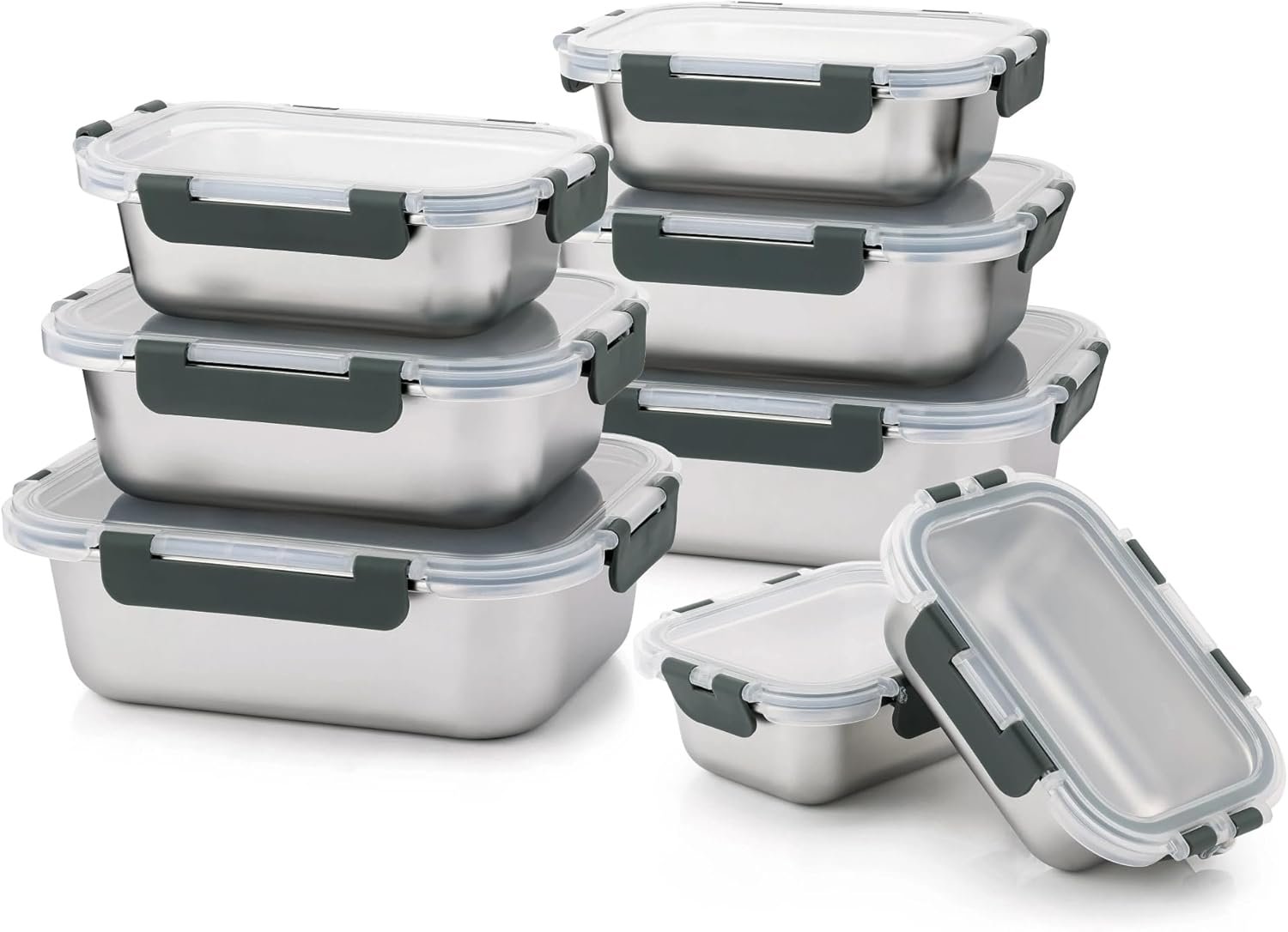 Cuiselect 8 PCS Stainless Steel Lunch Box, 4-Size (58/41 /24 /14Oz) Stackable Metal Bento Boxes BPA Free Dishwasher Safe, Food Storage Containe, Leakproof Reusable Meal Storage for Work,Travel (Gray)