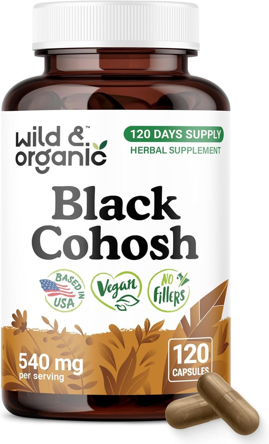 Wild & Organic Black Cohosh Capsules 540 mg – Menopause Supplements for Women – Black Cohosh Herb – 120 Days of Supply – Vegan, No Fillers, Non-GMO – 120 Count