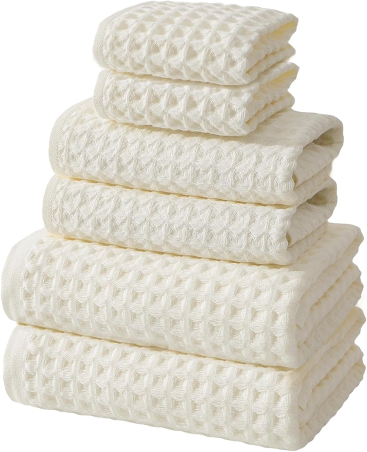 SK Studio 6 Piece Cotton Hotel Waffle Towel Set – 2 Bath, 2 Hand, 2 Washcloths – Large, Absorbent, Quick Dry for Bathroom Spa – White