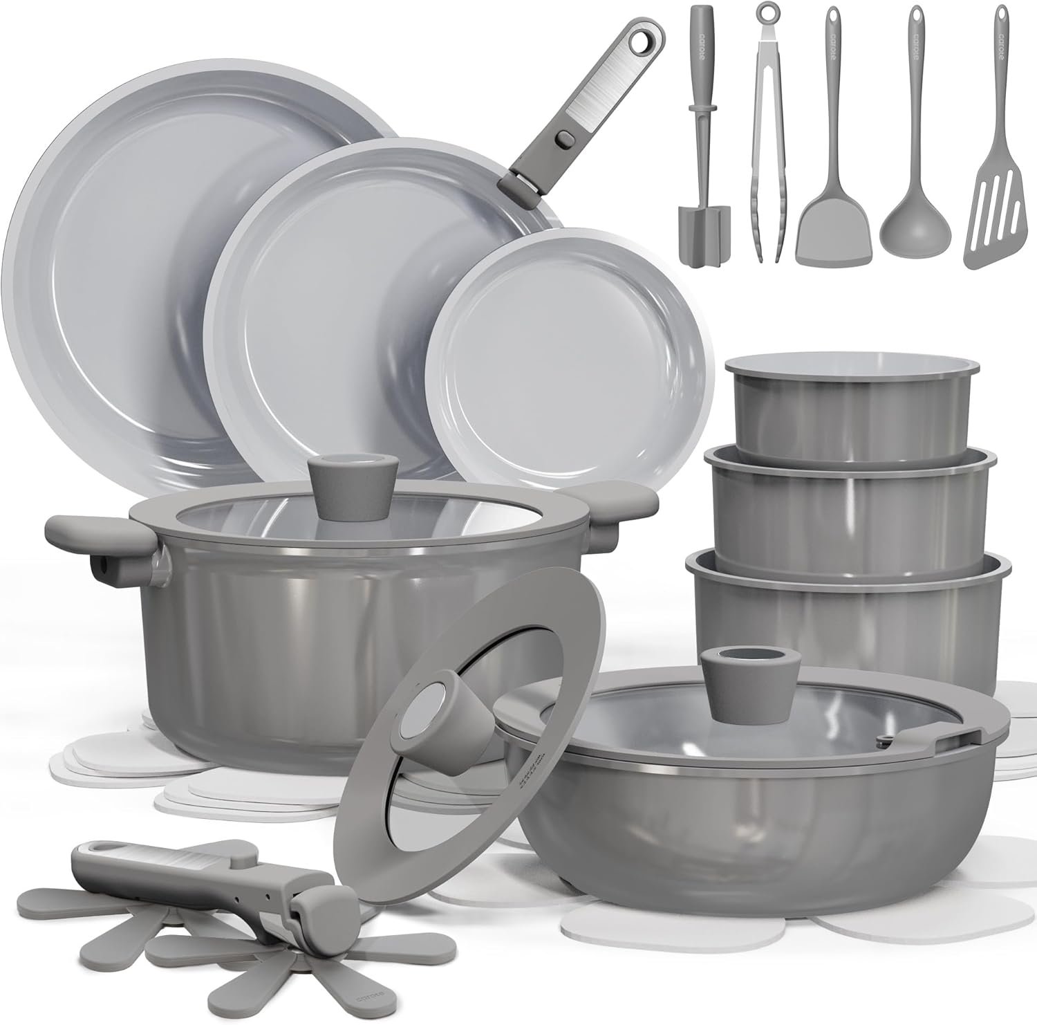 CAROTE 27pcs Ceramic Cookware Set Nonstick, Pots and Pans Set Non Stick, Non Toxic Cookware Detachable Handles, Dishwasher/Oven Safe, RV/Camping Cookware with Kitchen Utensils, Gray