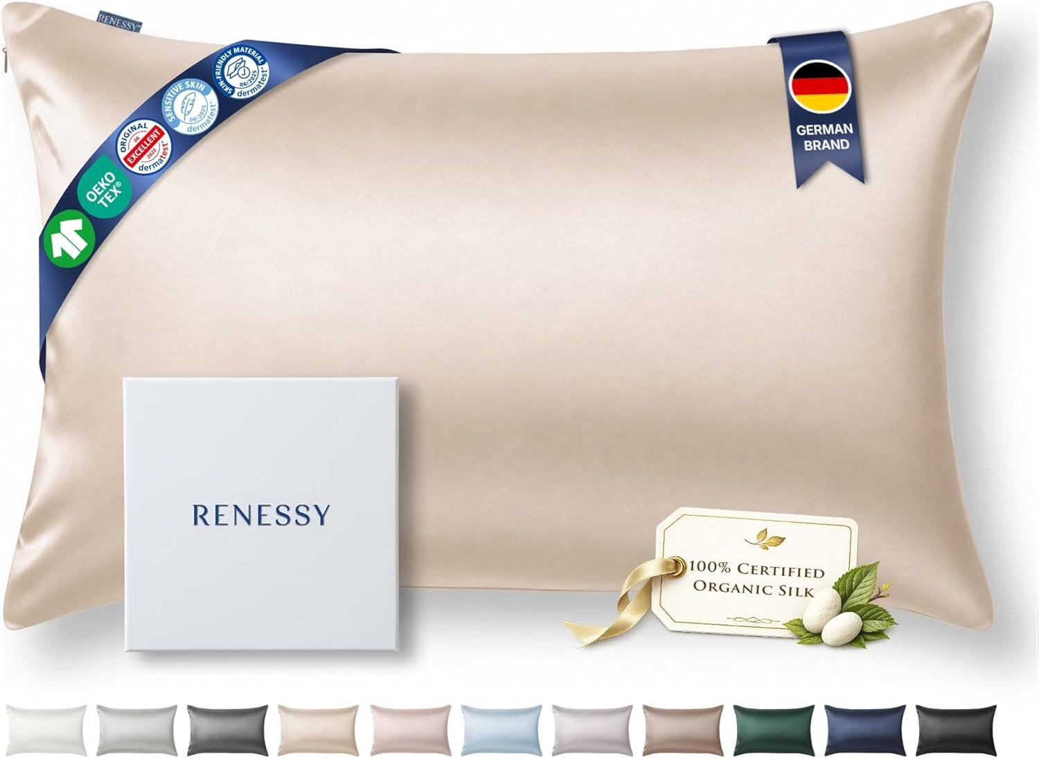 Premium Silk Pillowcase 100% Organic Mulberry Silk, 22 Momme, Grade 6A – Oeko-Tex Certified in Germany – Luxury for Hair & Skin, 1 Piece (Standard, Champagne)