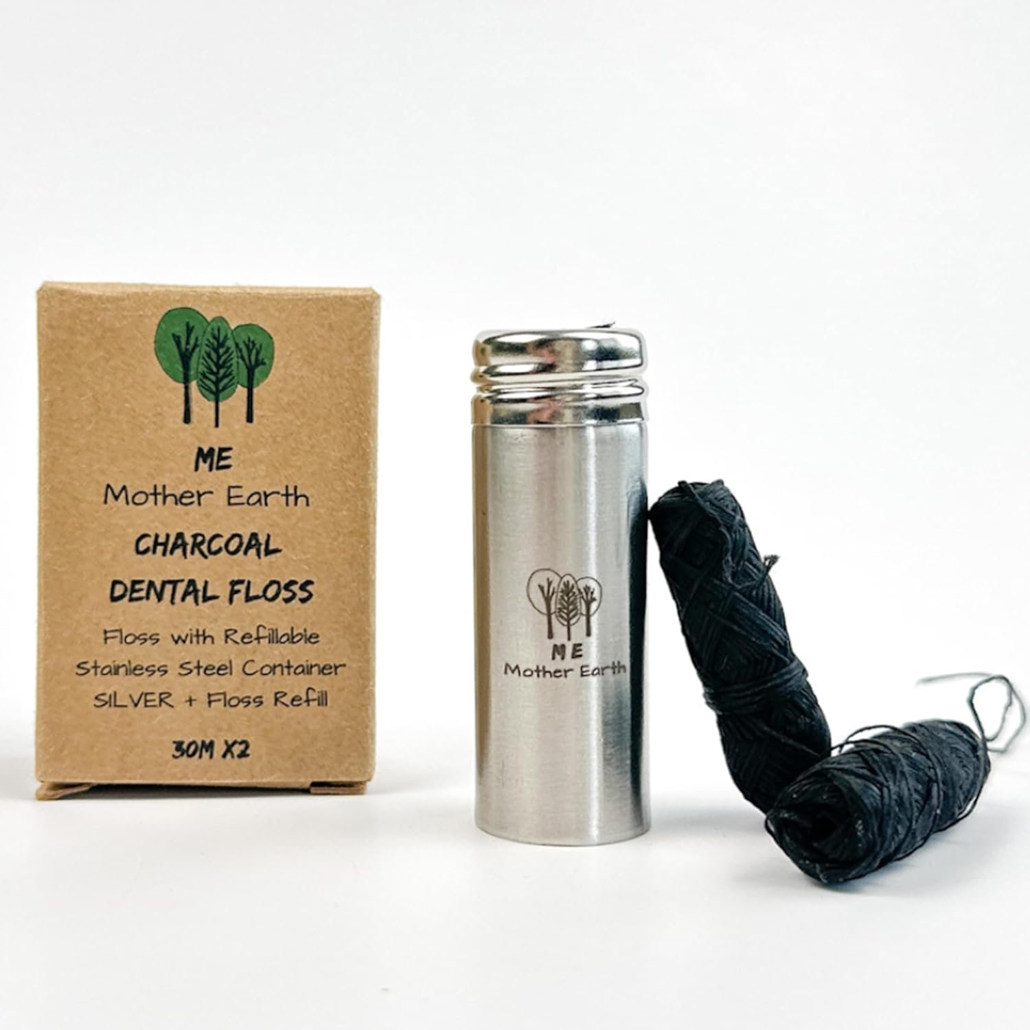 Vegan Biodegradable Bamboo Charcoal Dental Floss with Refillable Stainless Steel Container | 33yds x2 | Extra Floss Refill | Natural Candelilla Wax | Peppermint | Eco Zero Waste Oral Care