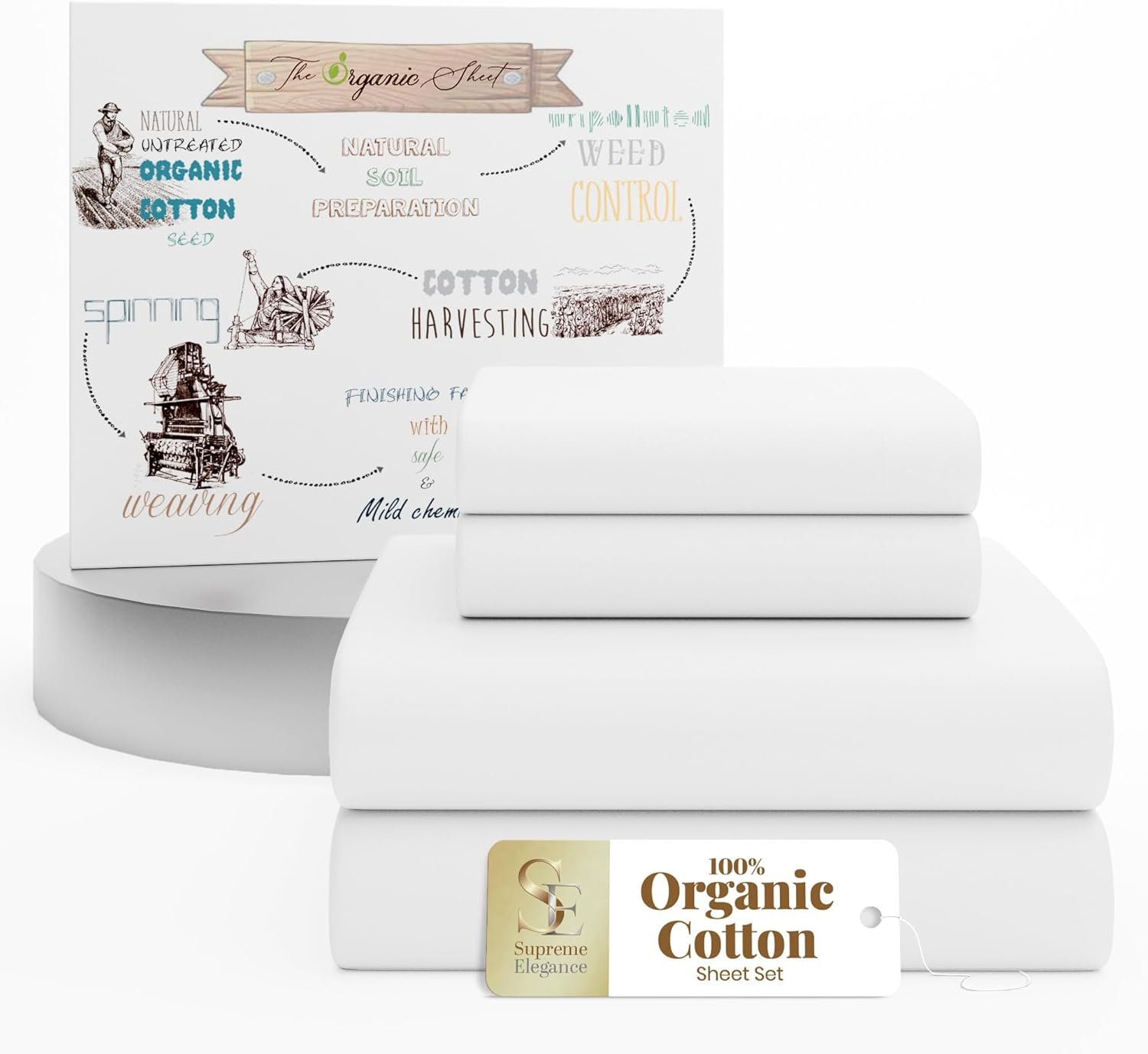 Supreme Elegance 4 Pieces 100% Organic Cotton Full Bed Sheets Set, Cooling Percale Weave for Hot Sleepers, Brushed for Softness, Crisp & Breathable Sheets Set, 16″ Deep Pocket Fitted Sheet, Snow White