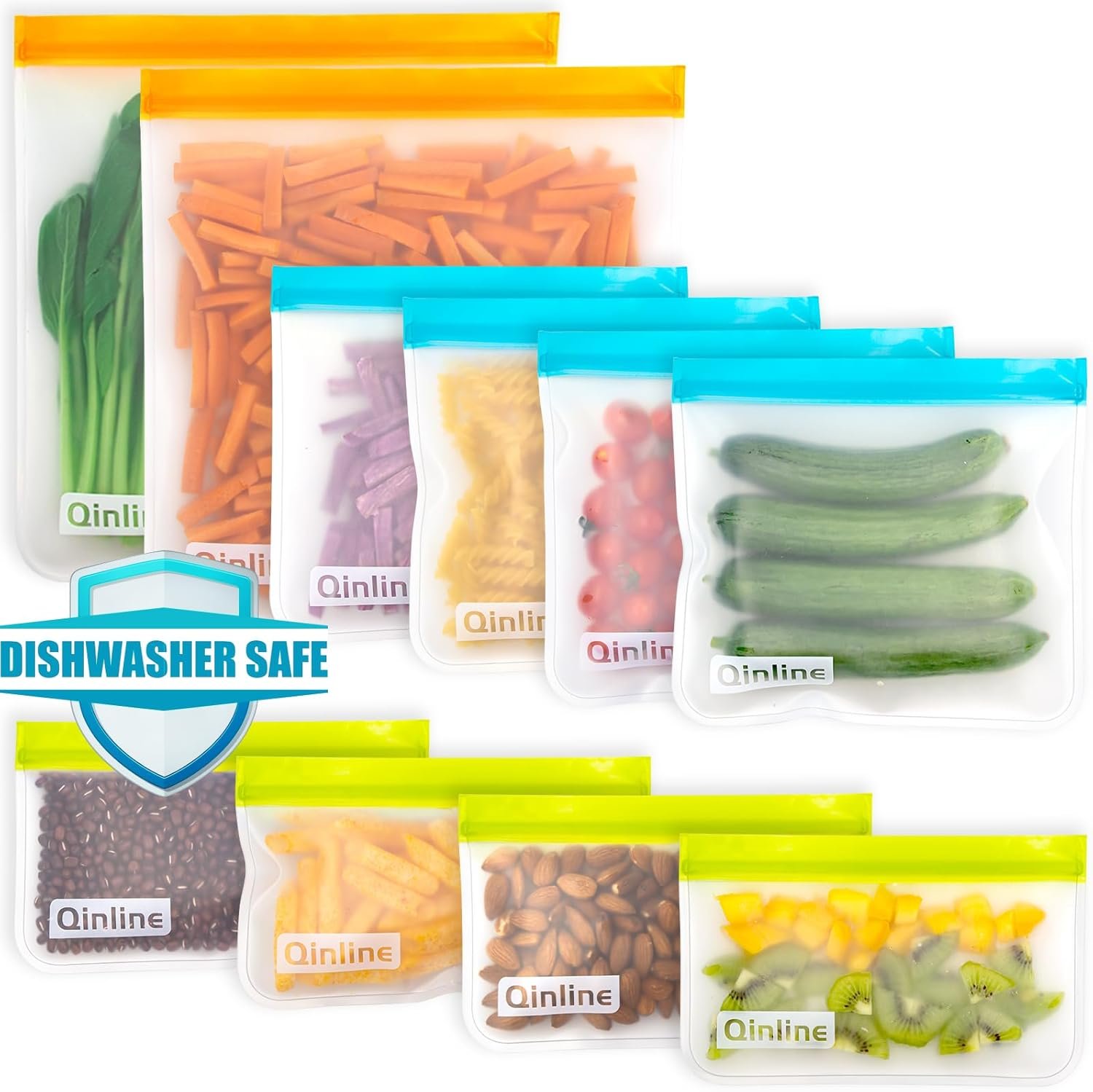 Reusable Storage Bags – 10 Pack BPA FREE Freezer Bags(2 Reusable Gallon Bags + 4 Leakproof Reusable Sandwich Bags + 4 THICK Reusable Snack Bags) Ziplock Lunch Bags for Food Marinate Meat Fruit Cereal