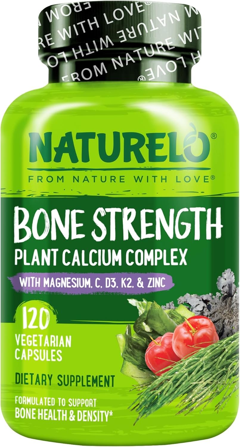 NATURELO Calcium Supplement – with Vitamin C, Vitamin D3, K2, and Calcium Magnesium Zinc for Bone Strength with Calcium 600mg – Plant-Based, 120 Vegetarian Capsules, Non-GMO, Soy & Gluten-Free
