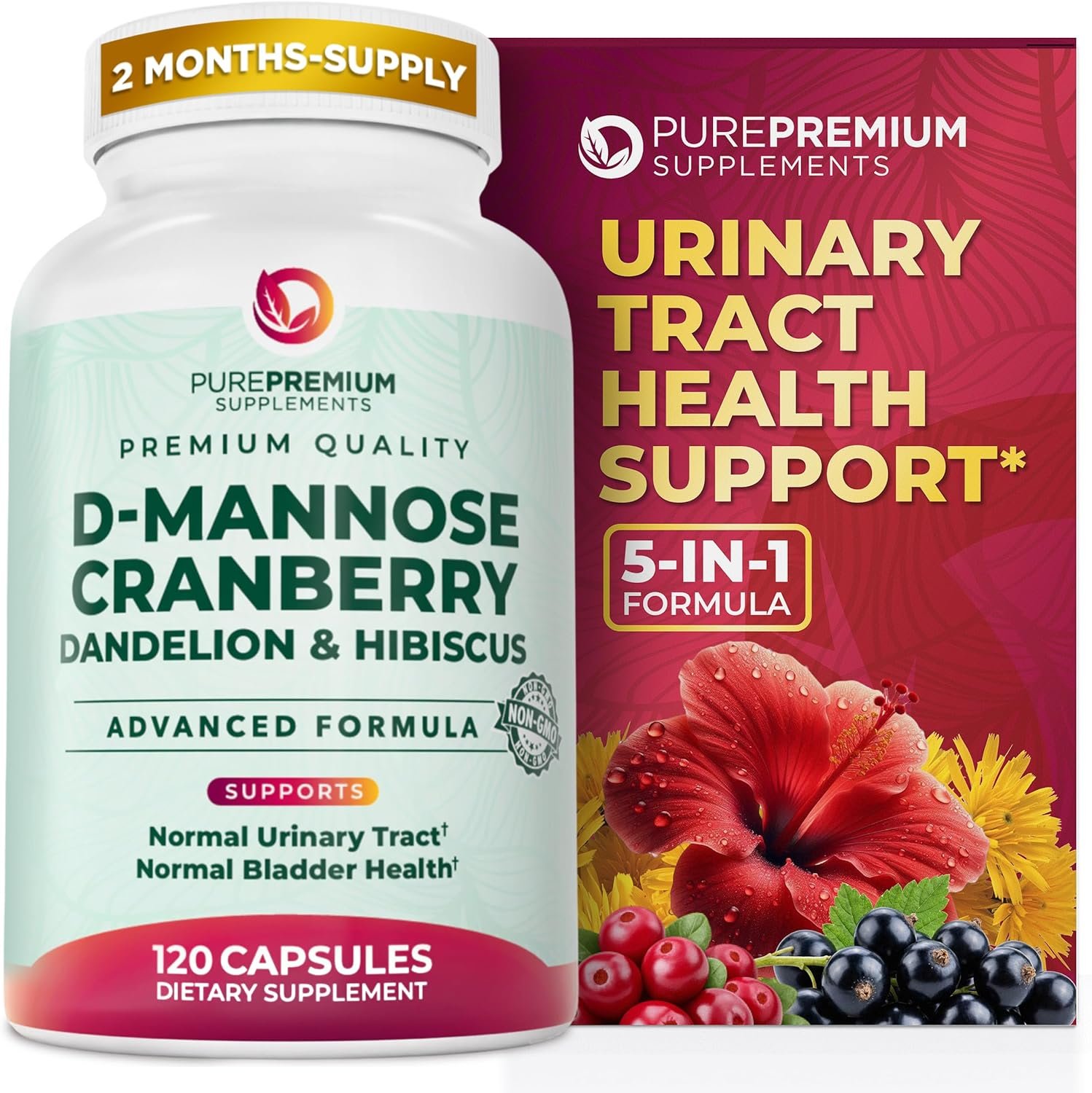 PurePremium D-Mannose with Cranberry, Hibiscus & Dandelion – 1000mg D-Mannose Supplements for Women Supports Urinary Tract Health & Bladder Health – Made in USA, Vegan, 120 Capsules, 2 Month Supply