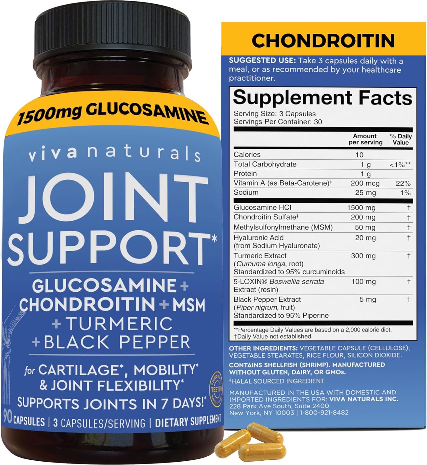 Viva Naturals Glucosamine Chondroitin MSM Joint Support Supplement, 90 Capsules – with Turmeric, Black Pepper, Boswellia and Hyaluronic Acid – Joint Health Supplement for Mobility and Flexibility