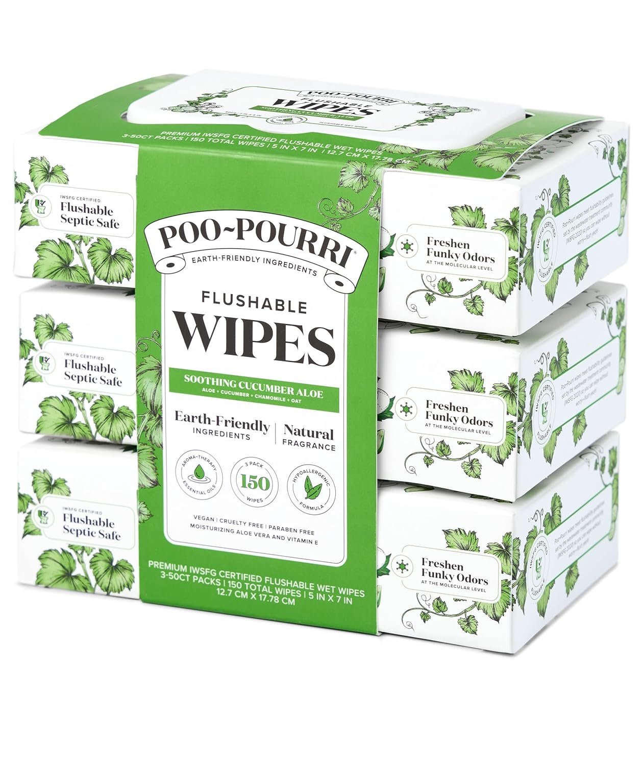 Poo~Pourri Flushable Wipes – Made with Plant Based Fibers, Aloe, & Vitamin E – Adult Wet Wipes – Cucumber & Aloe Essential Oils scent – Septic & Sewer Safe – 3-pack (150 total) with Dispenser Boxes
