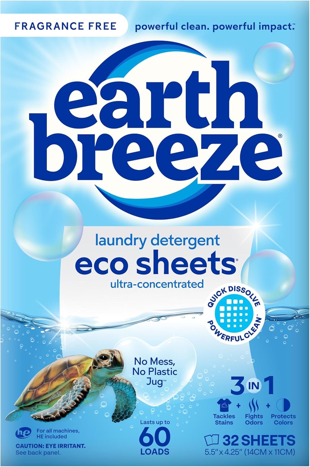 Earth Breeze Laundry Detergent Sheets Fragrance-Free – 60 Loads Eco Liquidless Soap – Travel-Friendly for Hot & Cold Cycles, Tackles Tough Stains & Odors – Gentle on Sensitive Skin, 30 Ct
