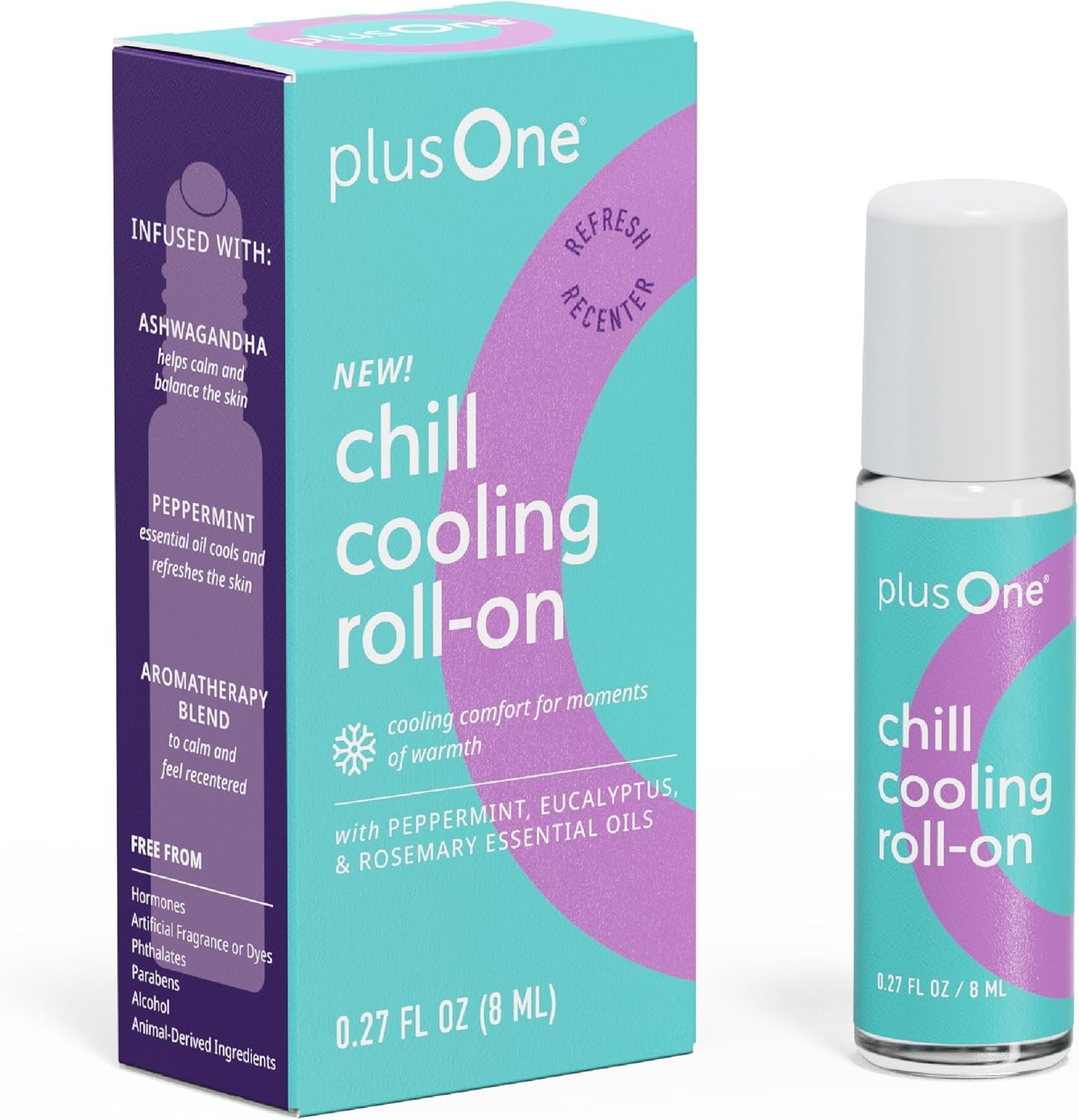 plusOne Chill Cooling Roll-On – Instant Hot Flash Support with Peppermint, Menthol & Ashwagandha – Aromatherapy Essential Oil Blend for Stress & Cooling Refreshment – 0.33 fl oz