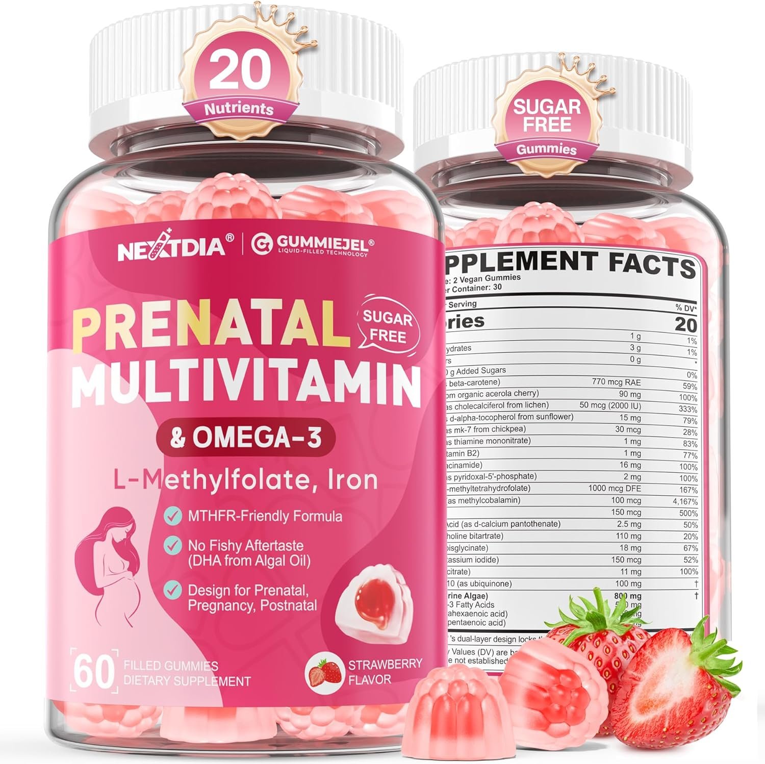 Prenatal Vitamins for Women Gummies, Methylfolate 1mg, Vegan Omega 3 DHA 800mg, Iron, Choline, Iodine, Vitamin D3 B6 B12 – Multivitamin for Women Before, During & After Pregnancy, Sugar Free, 60 Count