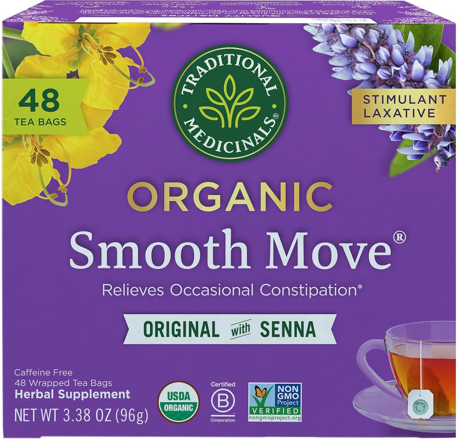 Traditional Medicinals Organic, Smooth Move Tea, Original with Senna – Helps Relieve Constipation Overnight – Kosher, Non-GMO, Caffeine-Free – 48 Tea Bags