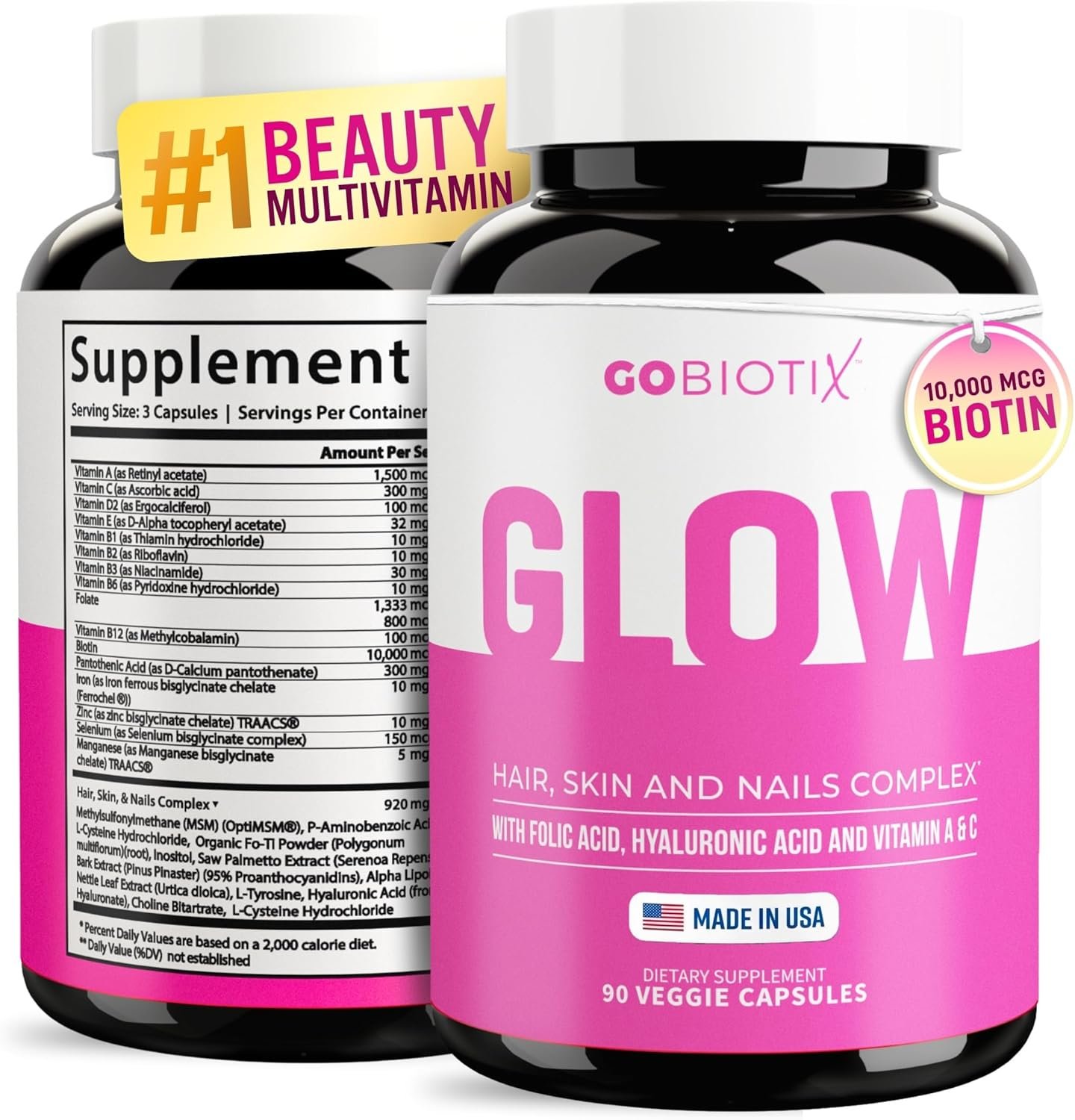 GOBIOTIX Hair, Skin & Nails Vitamins for Women — 10,000mcg Biotin, Hyaluronic Acid & MSM — 28 Vitamins with Folate & Iron — Supports Hair & Nail Growth — 90 Capsules
