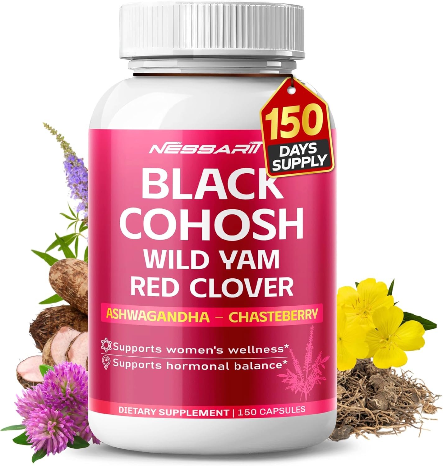 Black Cohosh Capsules with Wild Yam, Red Clover, Evening Primrose, Ashwagandha & Chasteberry, Women’s Wellness Support, 150 Count