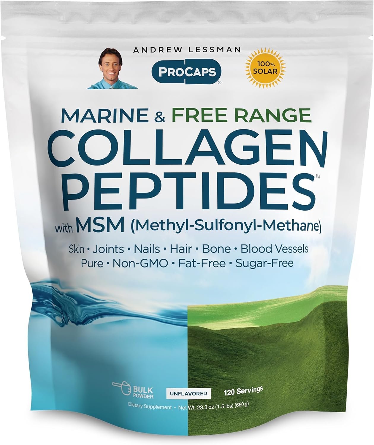 ANDREW LESSMAN Marine, Free Range Collagen Peptides Powder and MSM 120 Servings – Supports Radiant Smooth Soft Skin, Comfortable Joints. Super Soluble No Fishy Flavor No Additives Non-GMO