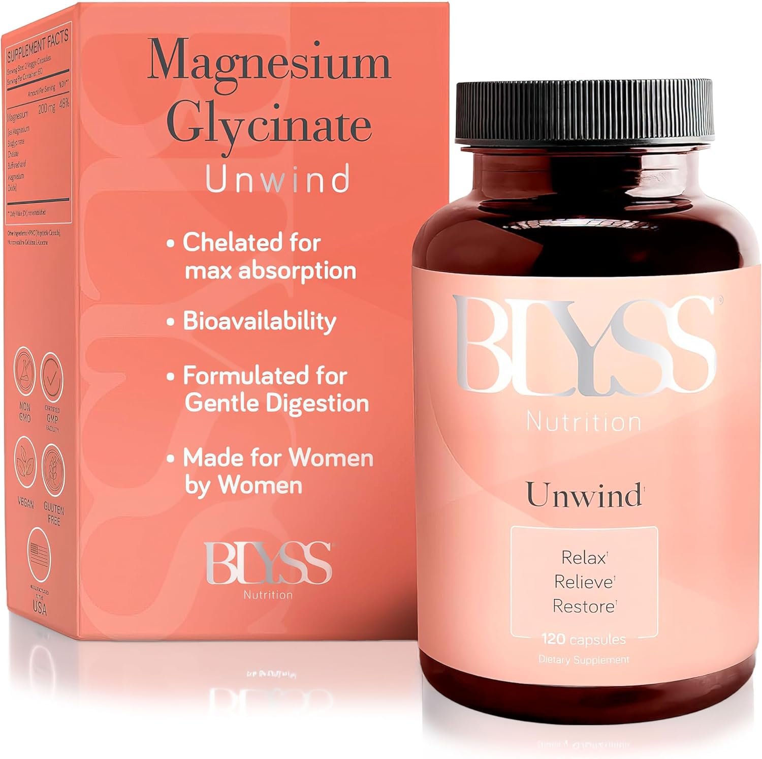 Magnesium Bisglycinate Capsules for Women – 200mg Chelated Glycinate Magnesium Supplement – Natural Supplements to Support Sleep, Mood Support & Muscle Cramps – 120 ct