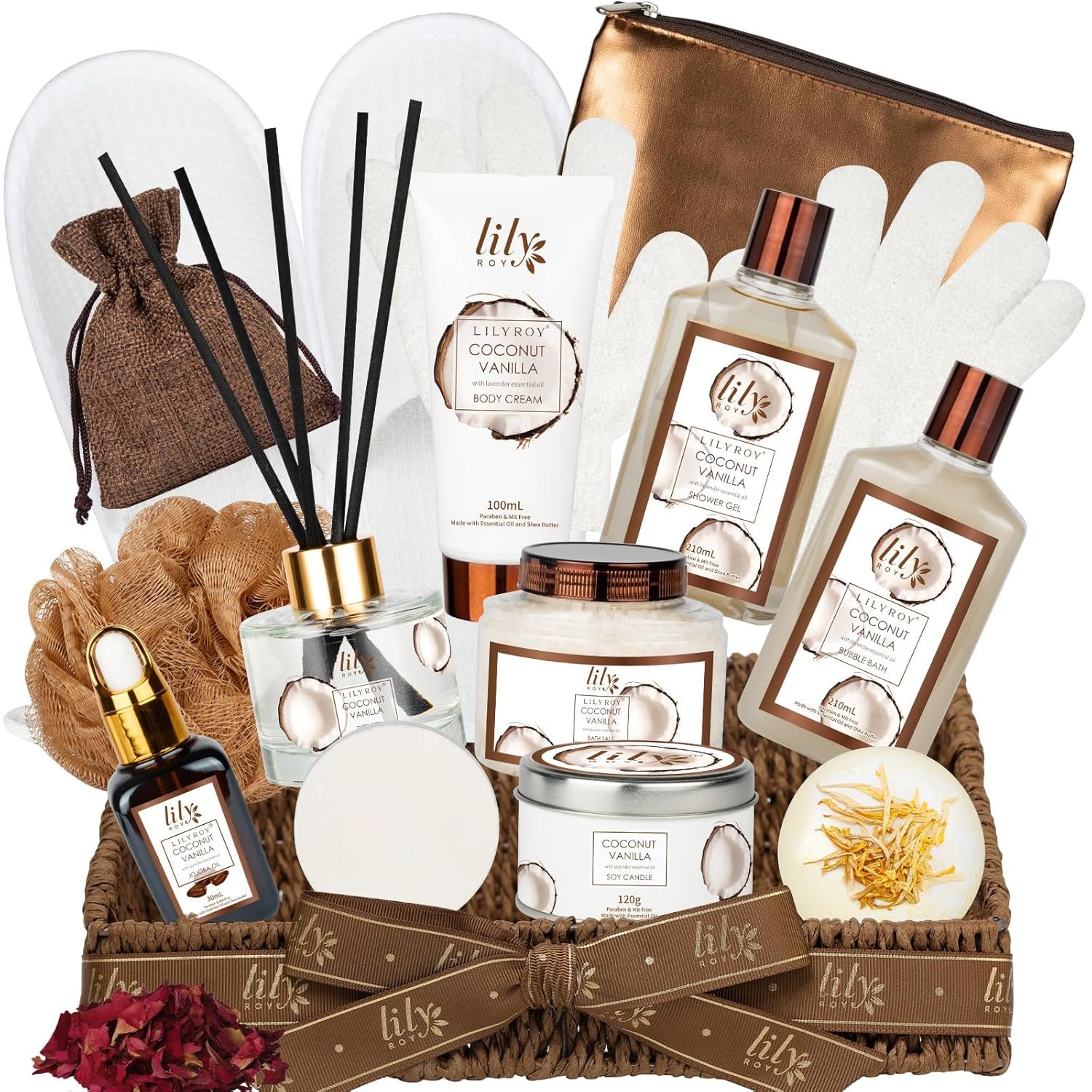 LILY ROY Gifts for Women & Men, Birthday Gift Basket, Premium Coconut Vanilla Spa Gift Basket for Women, Bath and Body Spa Gifts for Mom & Dad, Gifts Designed for Fathers Day, Mothers Day, Christmas