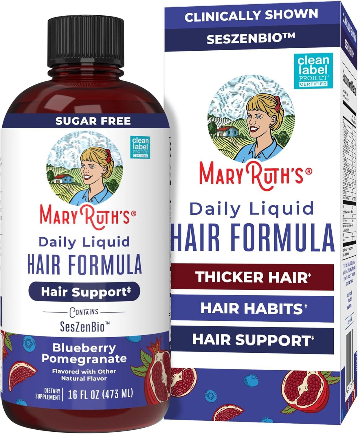 MARYRUTH’S Daily Liquid Hair Formula | With 500 mg SesZenBio™ + 2,500 mcg Biotin | Vitamin C | Thicker, Stronger Hair for Women | Hair, Skin, & Nail Health | Collagen Production | 16 Fl Oz
