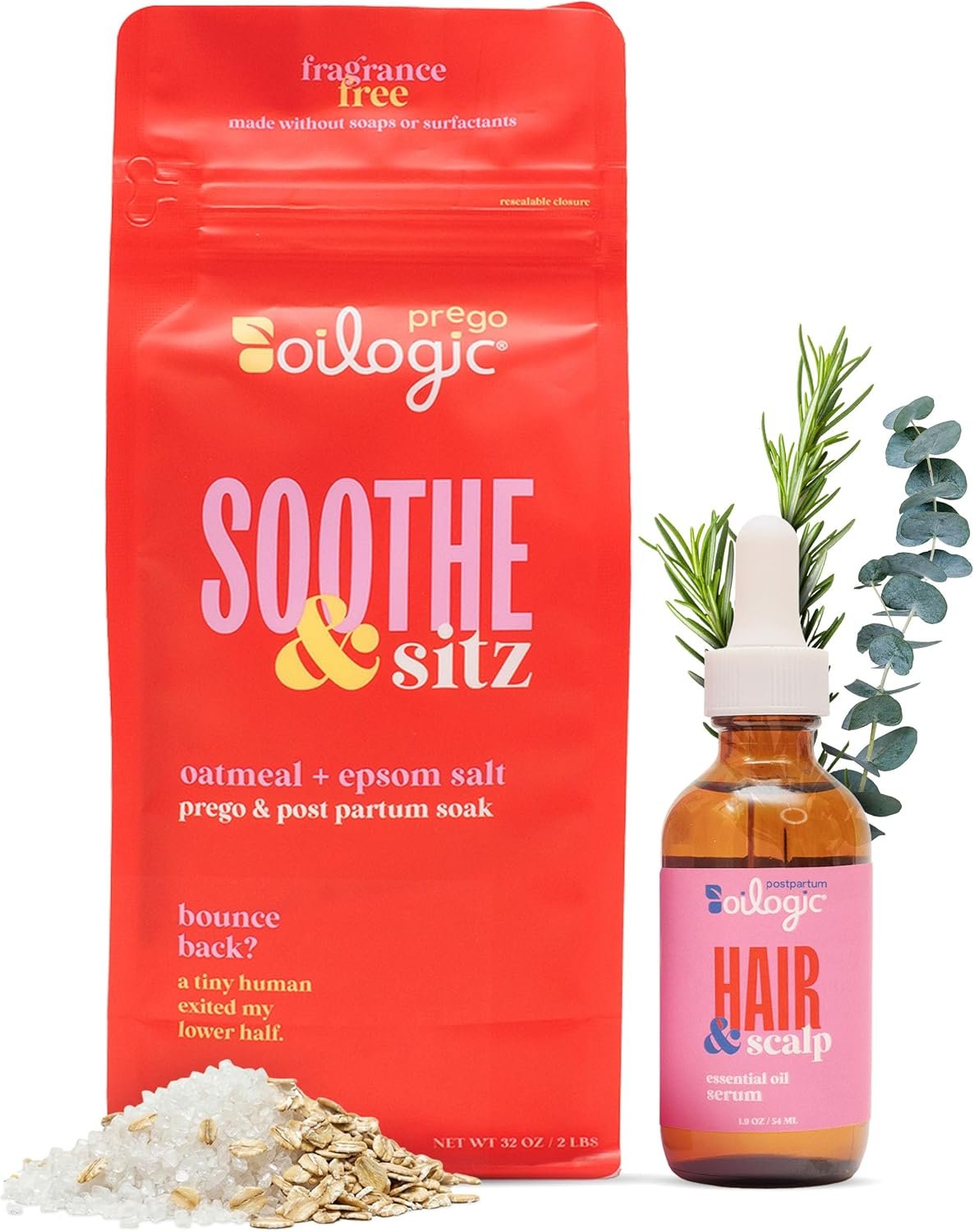 Oilogic Postpartum Bundle 2-Pack Includes Soothe & Sitz Oatmeal Epsom Salt Bath Soak + Hair & Scalp Essential Oil Serum – Pregnancy & Postpartum Care Kit with Natural Formulas for Soothing Relaxation