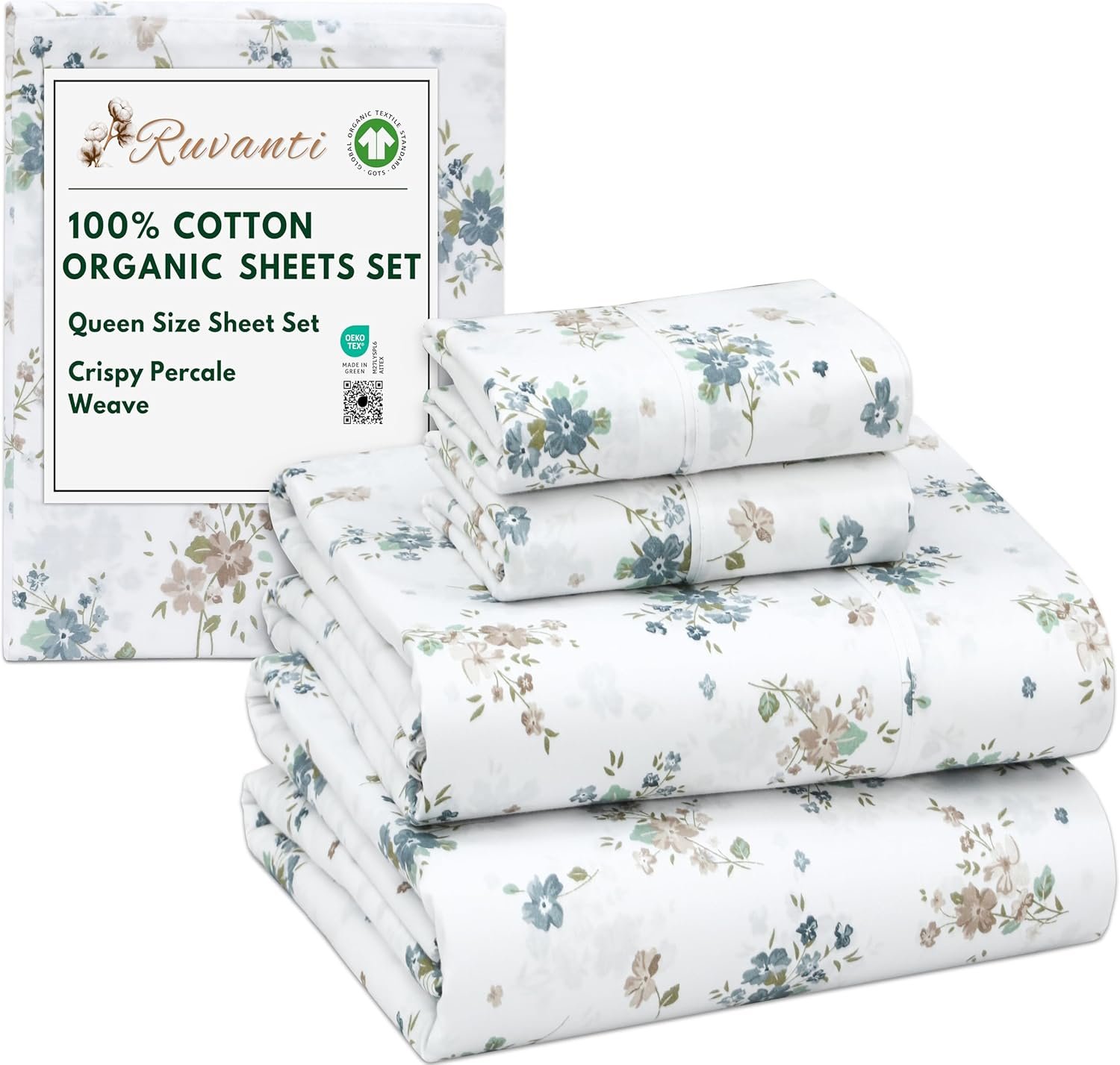RUVANTI 100% Cotton Organic Percale Sheets Queen Size – Crisp Cooling Bed Sheets for Hot Sleepers, Deep Pocket 15”, Soft Peach Finish, Breathable & Durable Hotel-Style 4 Pcs, Halcyon