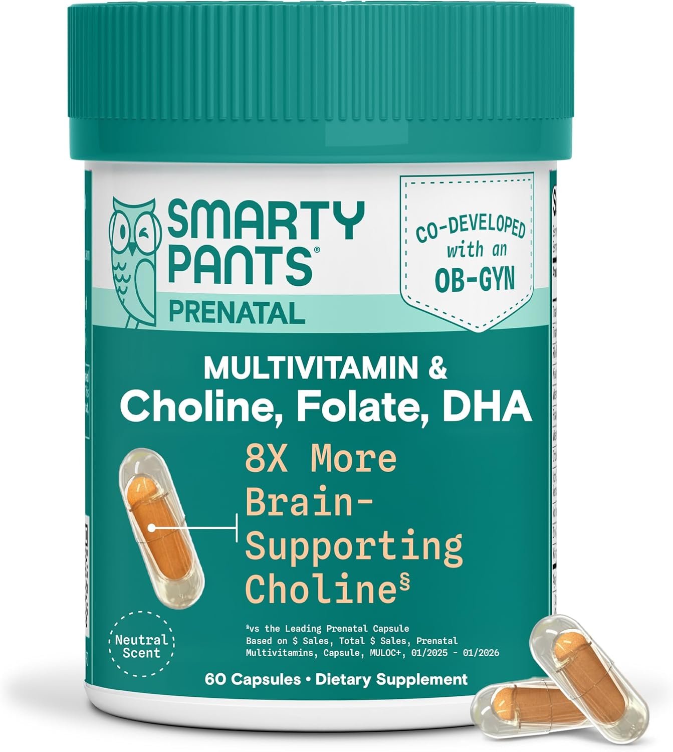 SmartyPants Women’s Prenatal Multivitamin Capsules, OB‑GYN Co‑Developed Prenatal Vitamins with Choline, Folate, Omega 3 DHA, & Iron for Baby’s Development, Gentle on Stomach, 60 Count (30 Day Supply)