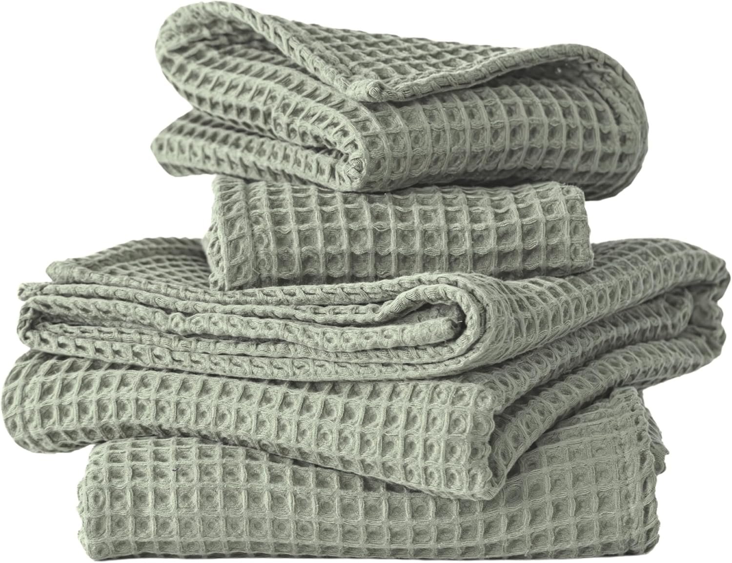 4-Piece Waffle Towels Set for Bathroom – Soft 100% Turkish Cotton Quick-Dry Lint-Free Waffle Weave Thin Bath and Hand Towels (Sage, 2 Bath & 2 Hand Towel Set)