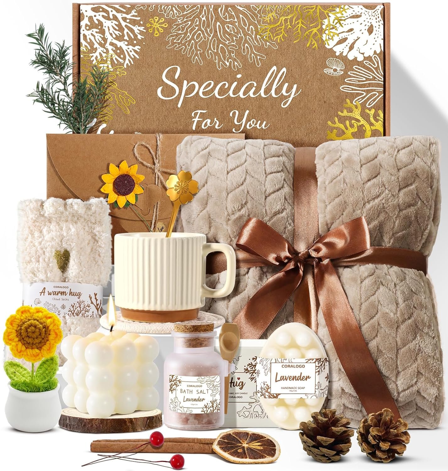 Spa Gift Baskets for Women – Birthday Gift Basket, Get Well Soon, Self Care, Relaxing Sunflower Package, 11pcs Spa Sets with Blanket, Luxury Gifts for Her Birthday Anniversary Mothers Day